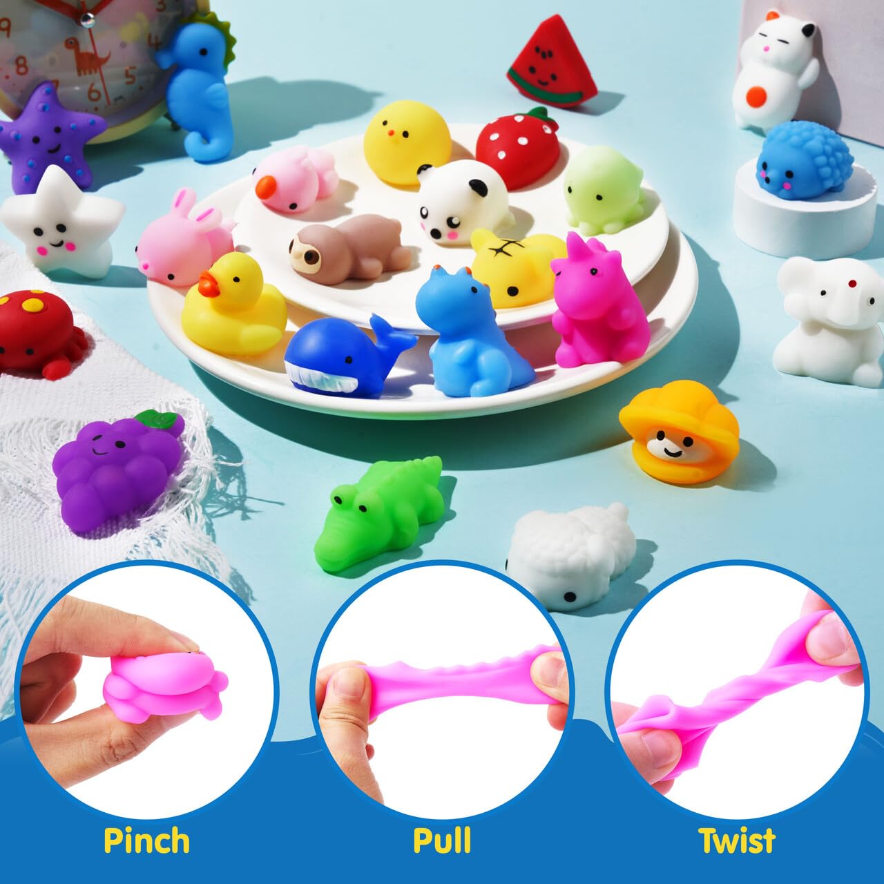 JOYIN Mochi Squishy Toys Set, 100 Pack Mini Mochi Party Favors for Kids, Kawaii Squishy Toy Stress Relief Toys, Goodie Bags Fillers with Storage Box, Pinata Stuffers, Classroom Prizes