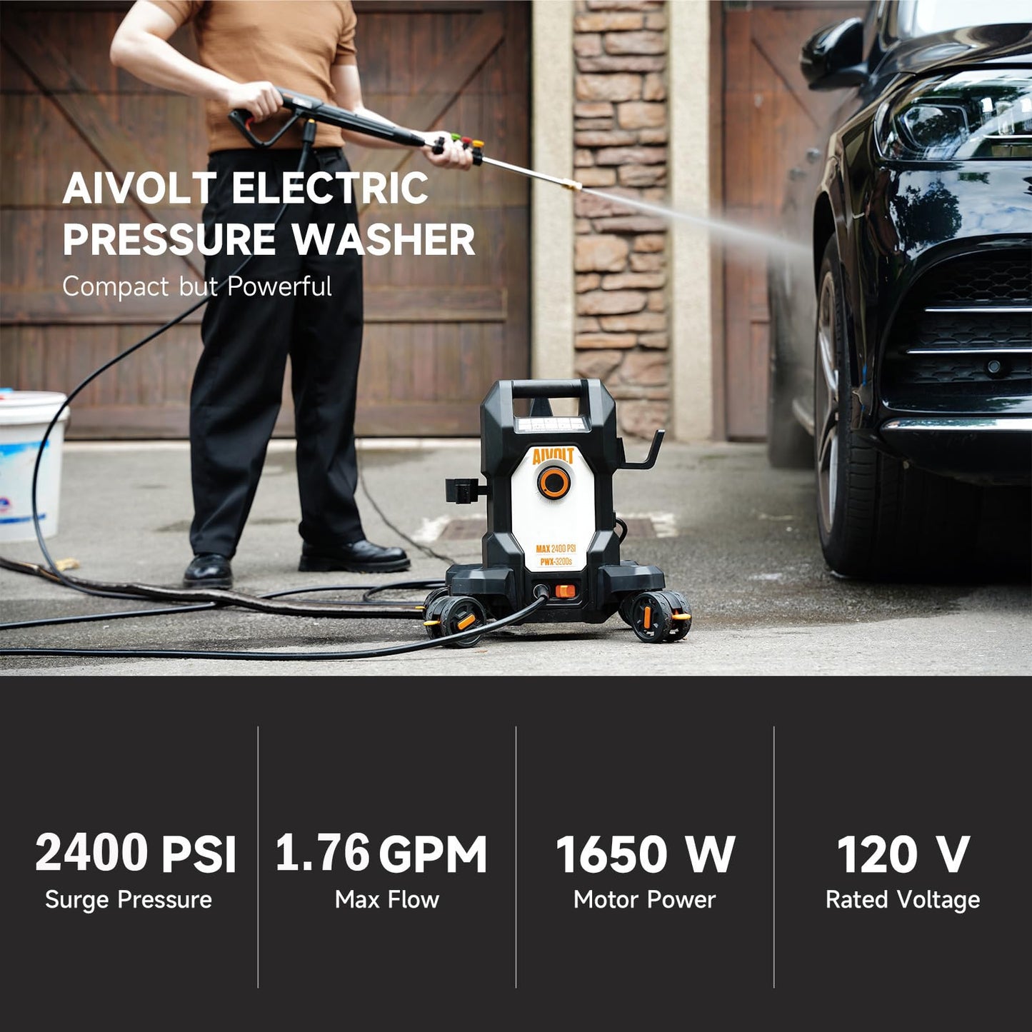AIVOLT Electric Pressure Washer, Anti-Tipping Power Washer Pressure with 36FT Cable & 25FT Hose, 4 Nozzles, Soap Tank, High Pressure Cleaner Machine for Car Washing, House, Garden