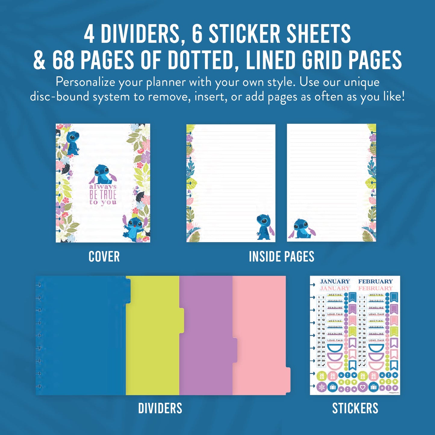 Happy Planner Disney Undated Journal & Planner by Day, Week or Month. 68 Pages for Notetaking. Perfect Organizer to Increase Productivity & Achieve Your Goals – Customizable with 4 Dividers & 6 Sticker Sheets Disney Aloha Stitch - Classic - 7" x 9.75"