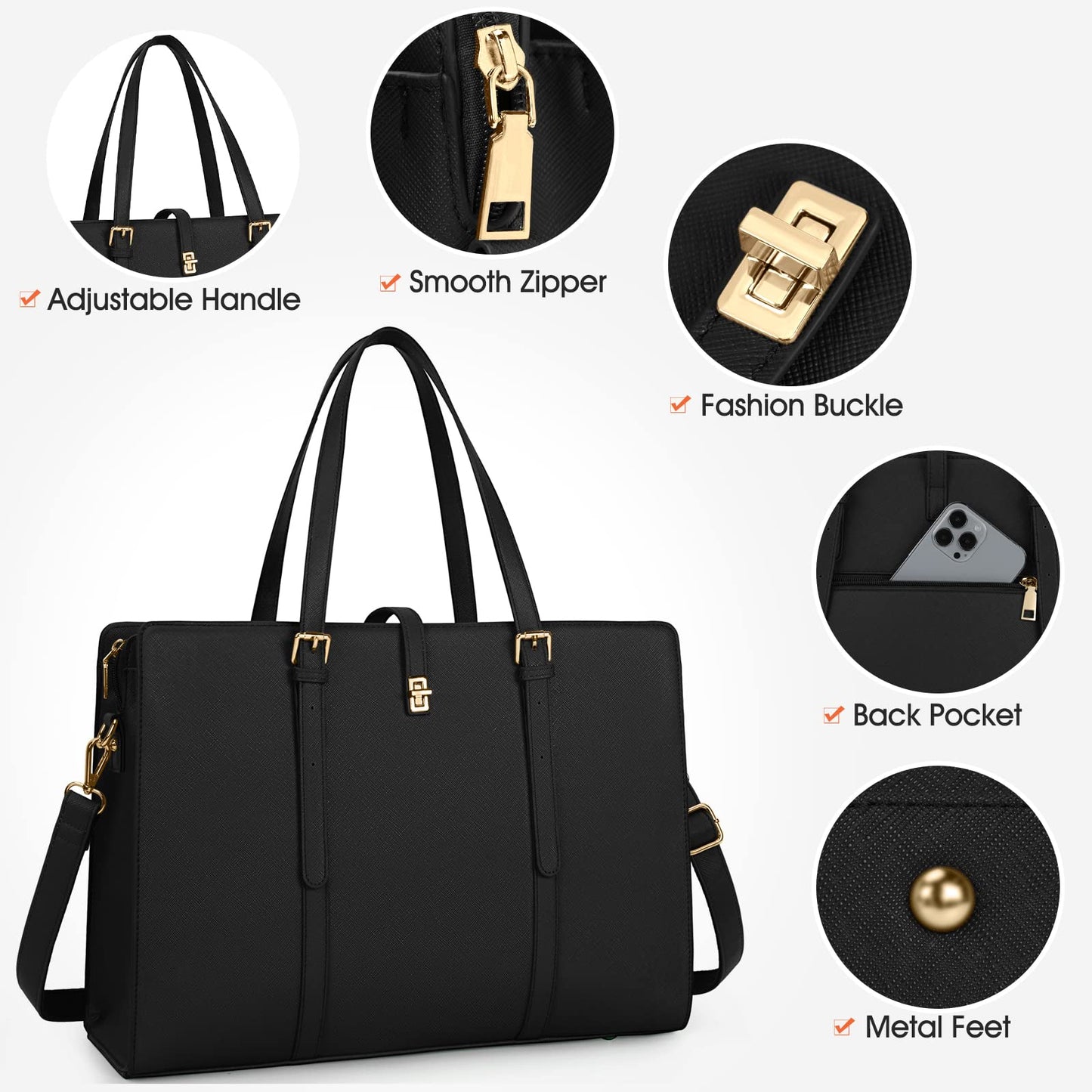 Laptop Bag for Women 15.6 Inch Leather Laptop Tote Bag Waterproof Work Shoulder Bag Lightweight Computer Tote Bag Professional Women Business Office Bag Large Travel Handbag Black