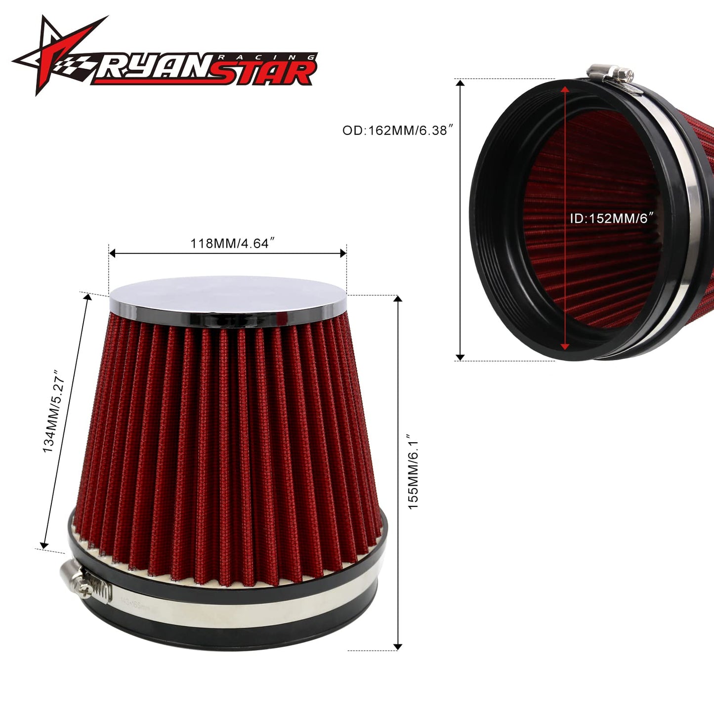 RYANSTAR RACING Tapered Cone Closed-Top Washable Clamp-On Dry Air Filter Short 155mm 152mm 6" High Flow Round
