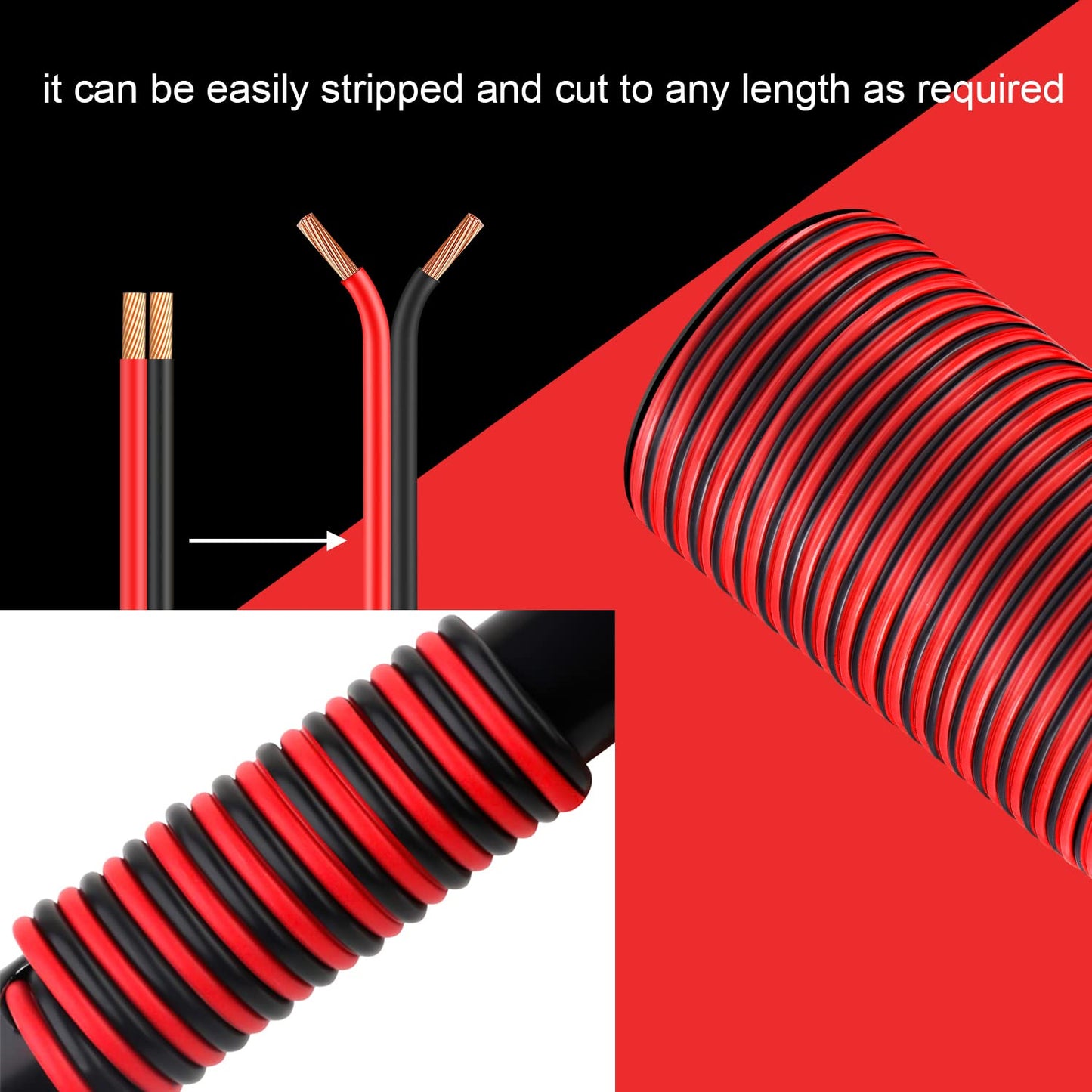 VIABRICO 16Gauge 200FT Electrical Wire Cable 2 Conductors Red Black Cable Hookup LED Lighting Strips Flexible Wire Extension Cord 16AWG Copper Clad Aluminum Copper Wire 12V/24V DC 61M