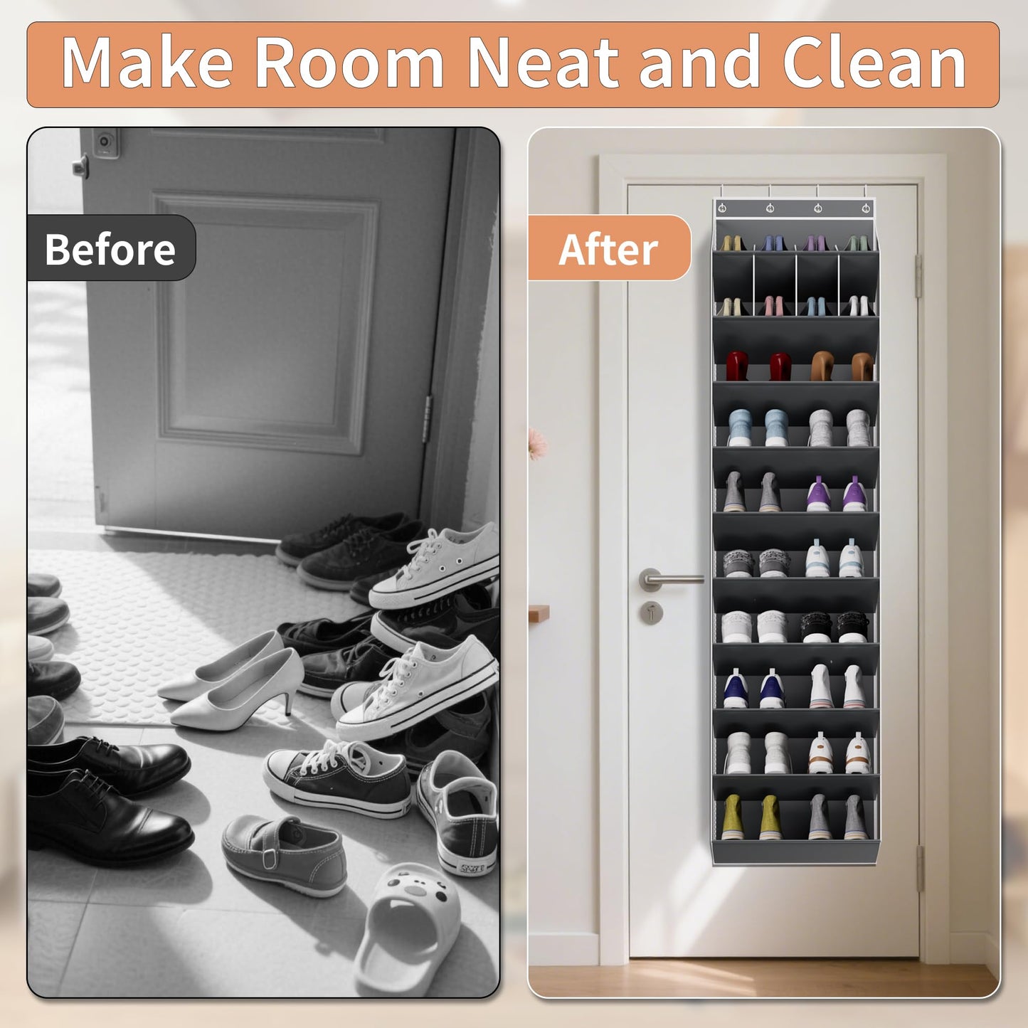 KYEVIS Over the Door Shoe Organizer, 10-Tier Hanging Shoe Rack for Closet with Deep Pockets, Space-Saving Storage Holds 20 Pairs for Sneakers, Boots (Grey)