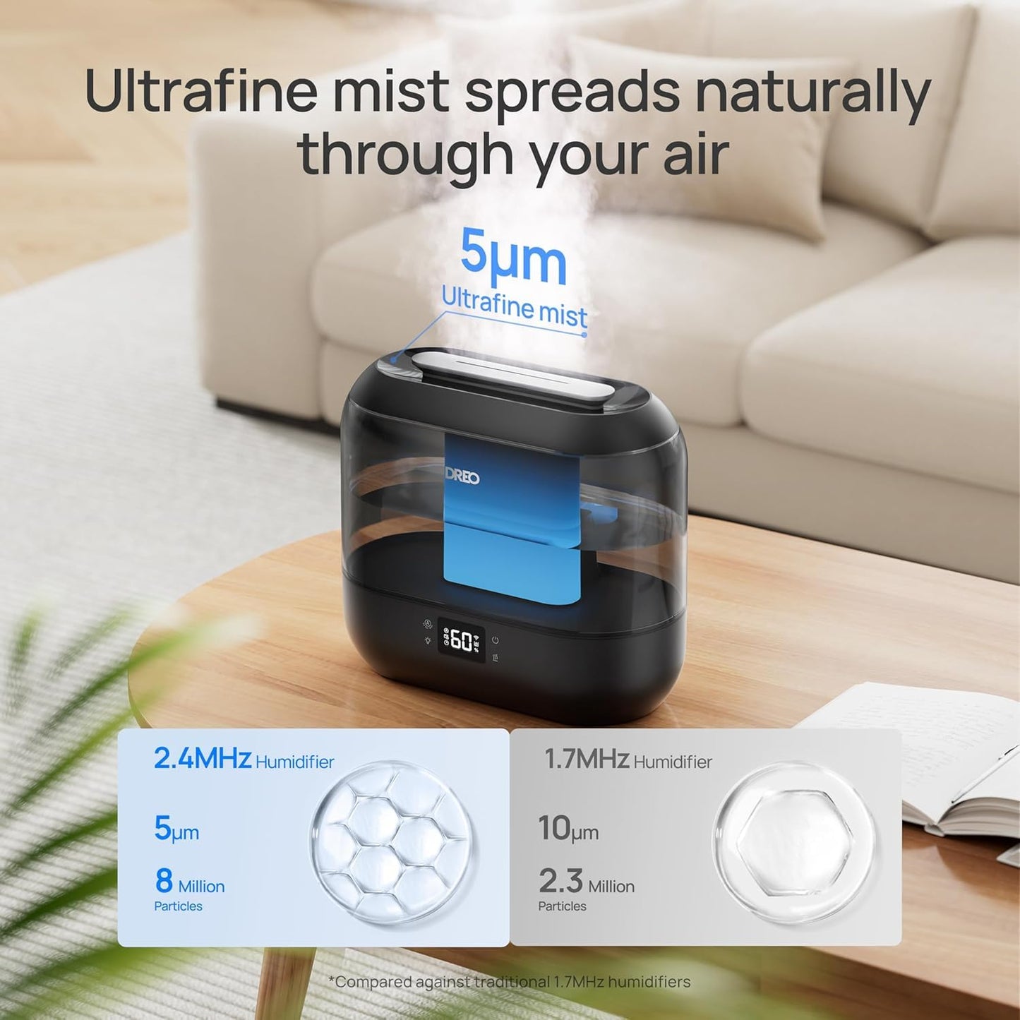 DREO Smart Humidifiers for Bedroom, Top Fill 4L Supersized Cool Mist Humidifier with Nightlight, 36H Runtime, Touch/APP/Voice Control, Quiet Ultrasonic Humidifiers for Large Room, Baby, Plants