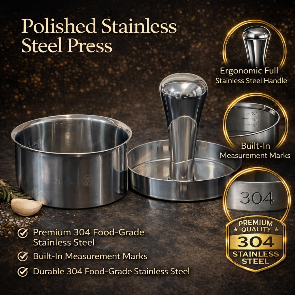 Stainless Steel Burger Press & Meat Patty Maker, Heavy Duty One-Piece Design, Non-Stick Round Hamburger Press for Beef, Turkey & Veggie Patties