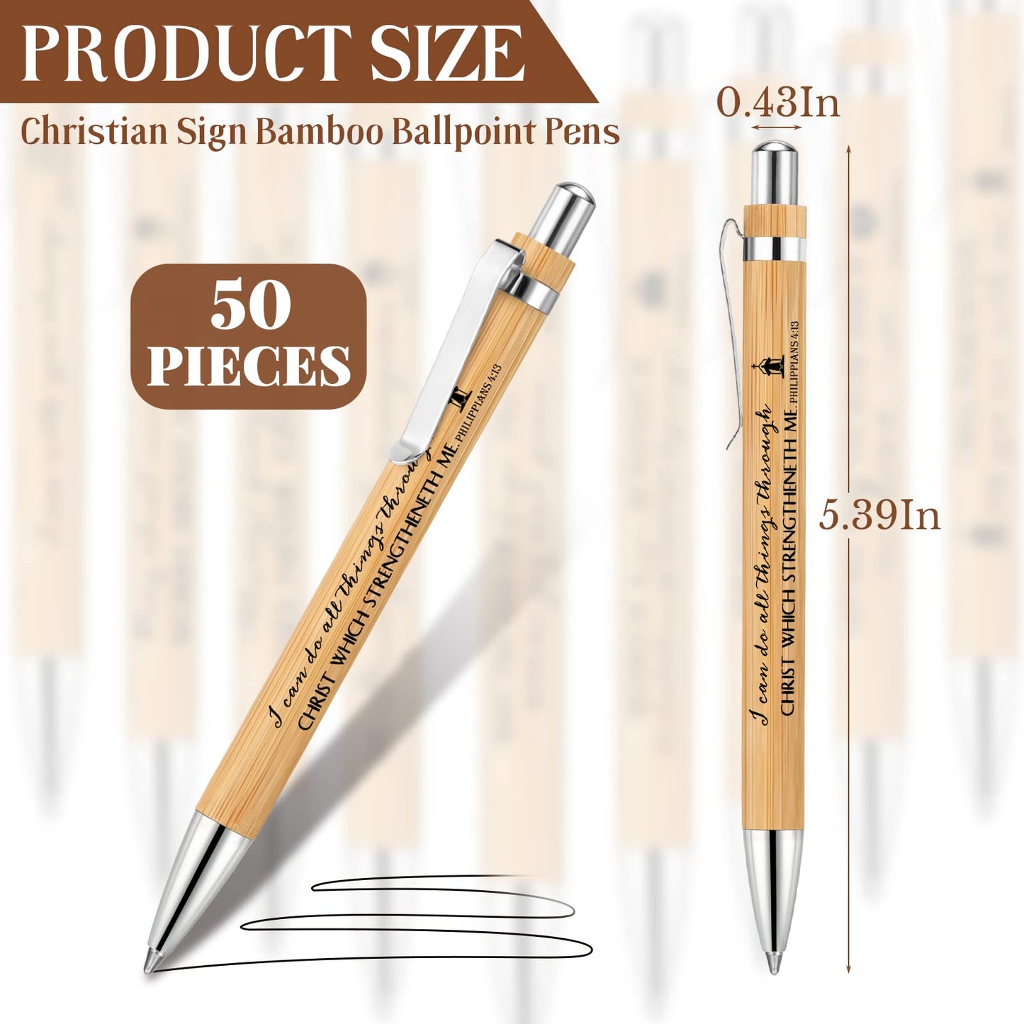 Fumete 50 Pcs Fathers Day Christian Gift Bible Verse Bamboo Pen Wooden Inspirational Quotes Ballpoint Pen Bulk Religious Church Gifts for Women Graduation Pastor Teacher(Natural,English)