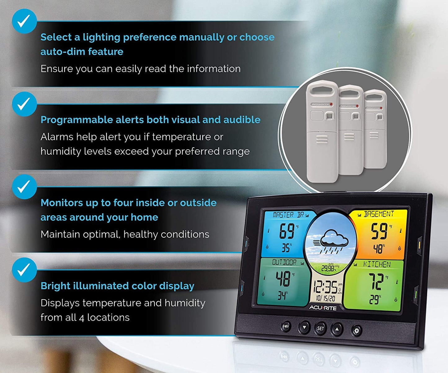 AcuRite 02082M Home Temperature and Humidity Station with 3 Indoor/Outdoor Sensors, Full Color