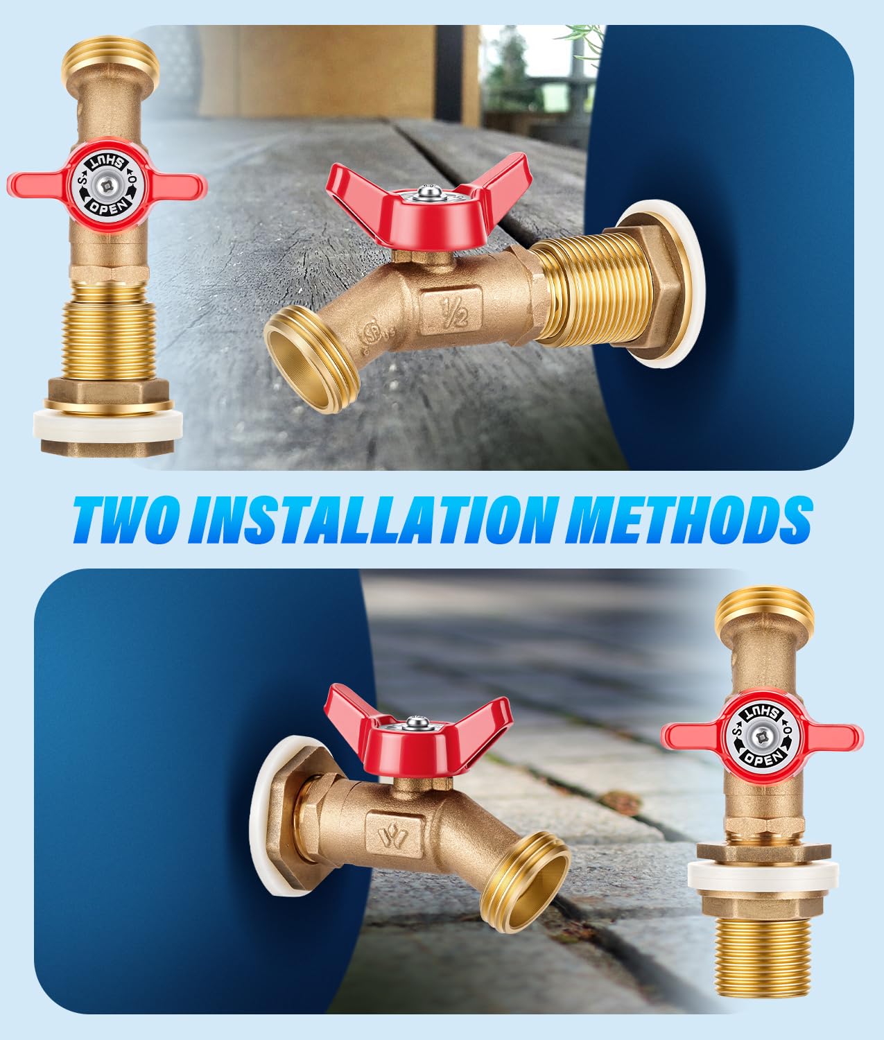 WADEO 2PCS Brass Rain Barrel Spigot Kit, Quarter Turn Ball Valve Spigot with Bulkhead Fitting, Rain Barrel Kit for Any Including 5 55 Gallon Drum Spigot Bucket