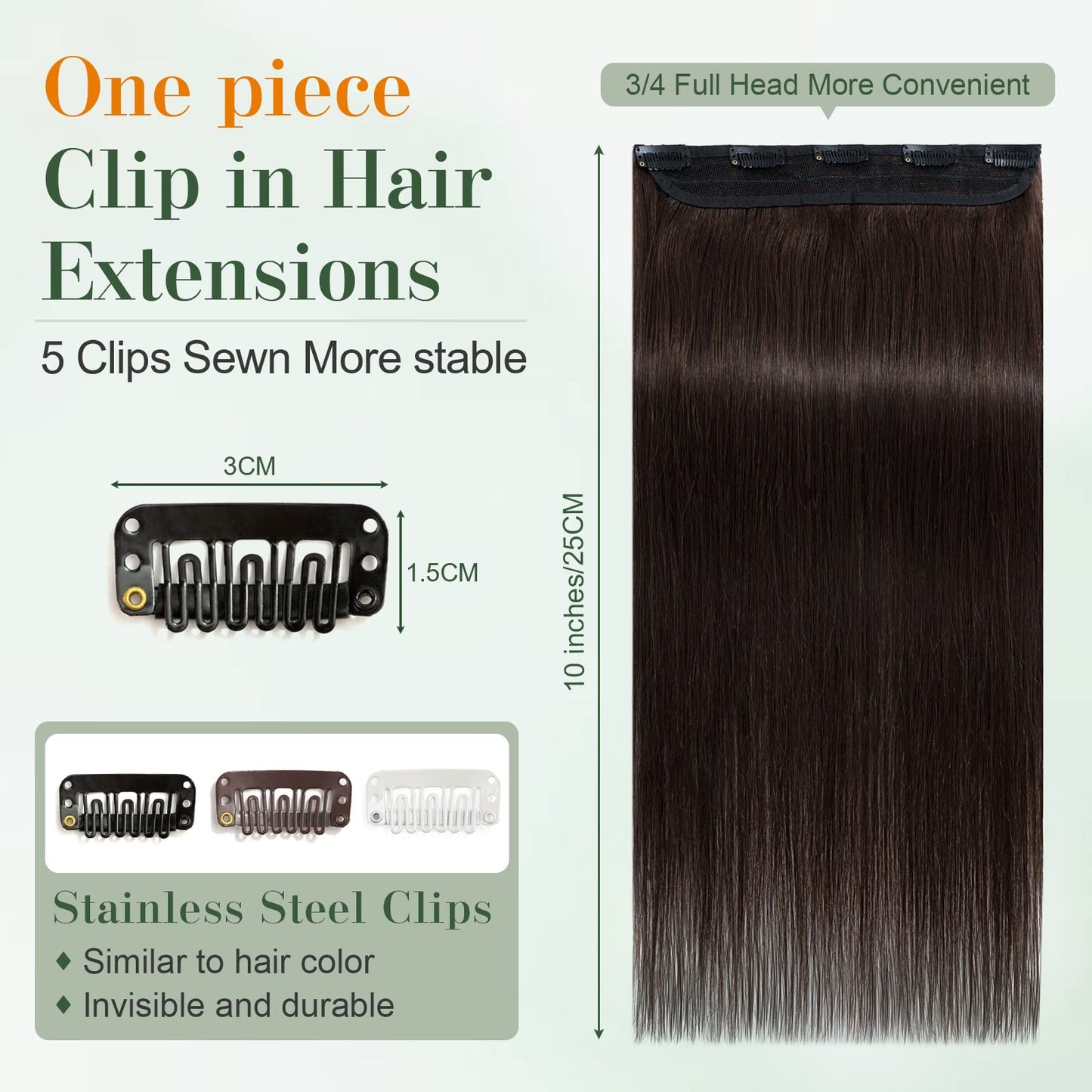 Benehair One Piece Clip in Hair Extensions Real Human Hair 12 Inch One Piece Silky Straight Full Head Hairpieces for Women with 5 Clips Human Hair Extensions Clip on Hair Extensions Dark Brown #2 40g