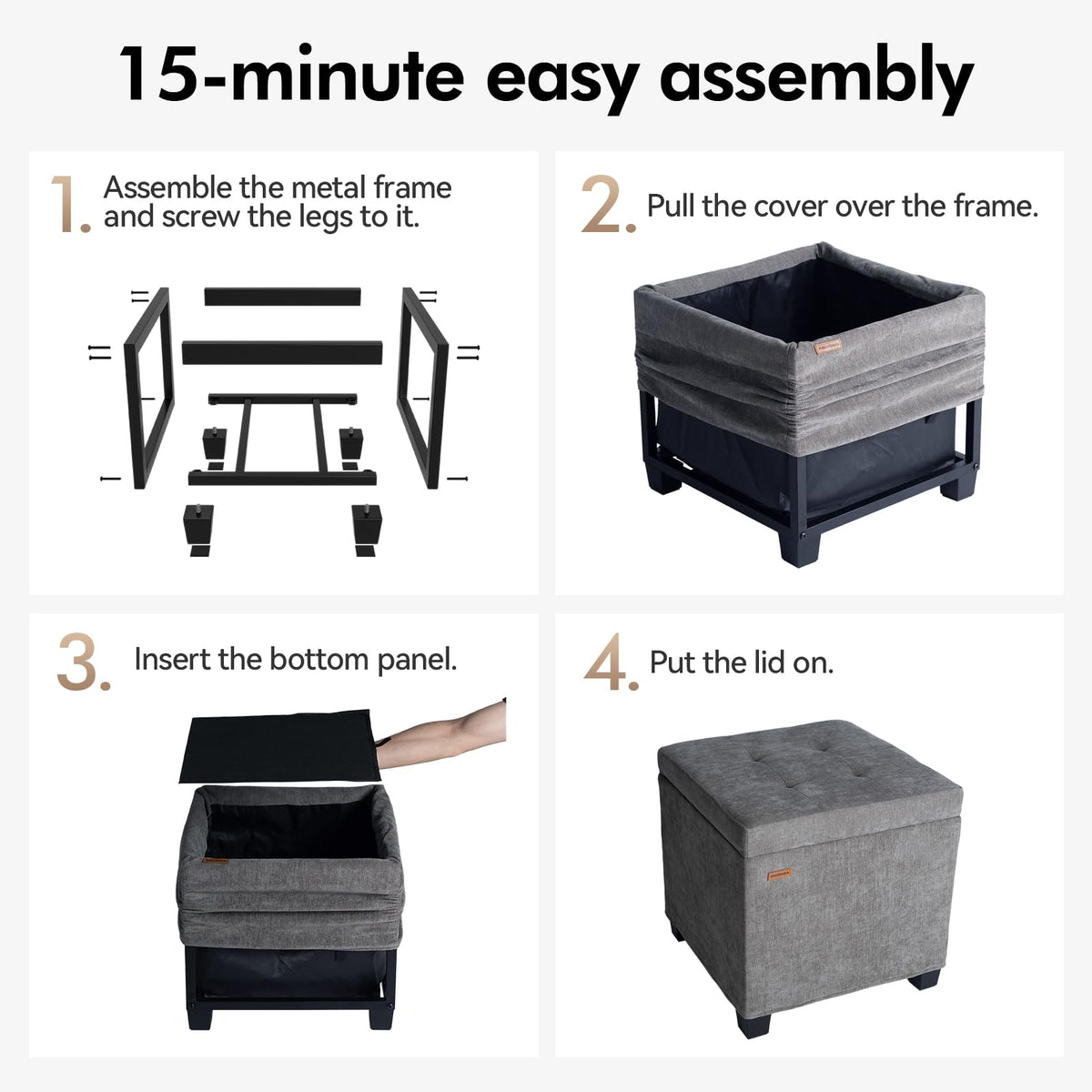 ABHENG Steel Frame Square Storage Ottoman Cube 45 x 45 x 45 cm,Tufted Upholstered Foot Stool Footrest with Legs,for Dorm Living Room Chenille Gray CASND641G