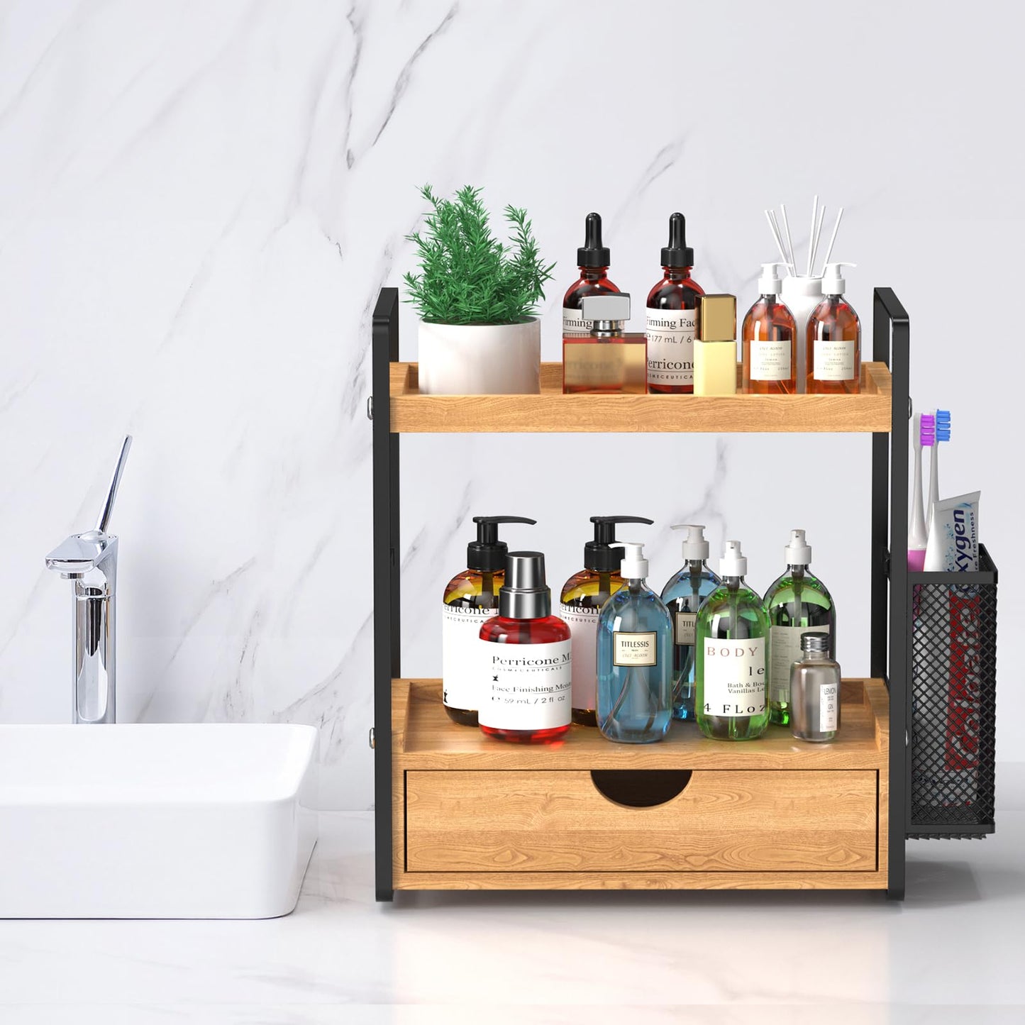 LEMIKKLE 2-Tier Bathroom Counter Organizer with Drawers and Baskets, Multi-Purpose Makeup Organizer Countertop, Large Skincare Organizers, Exquisite Vanity Organizer，Wood