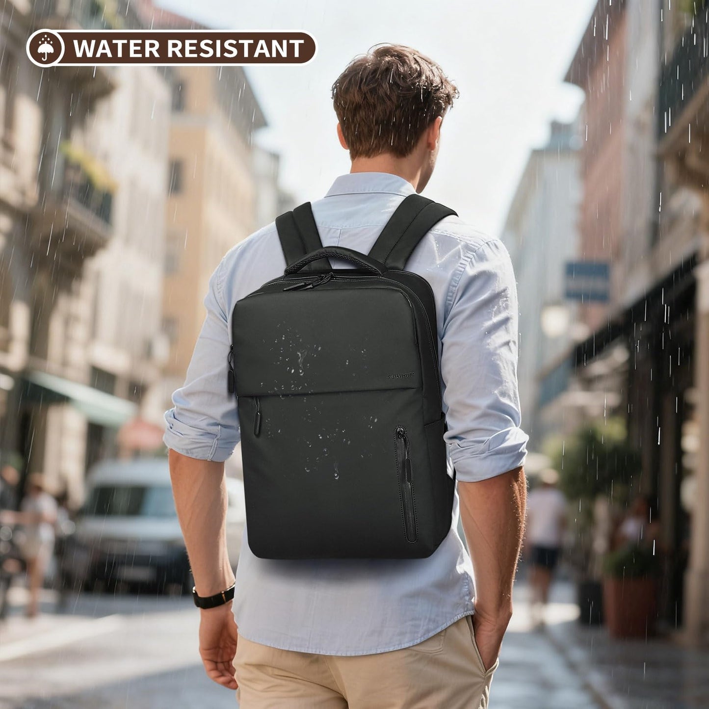 SUIKIHUM Lightweight Commute Backpack for Men & Women, Water-Resistant Travel Daypack with 15.6-Inch Laptop Compartment & Anti-Theft Pockets, Black