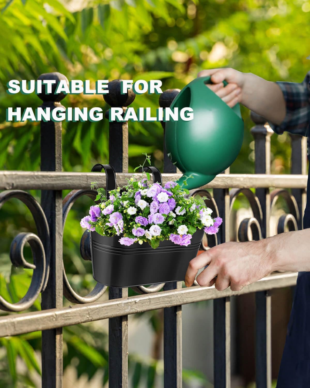 vensovo Metal Railing Planter for Outdoor Plants - 5 Pack Balcony Hanging Planter Box with Detachable Hooks and Drain Holes Oval Hanging Pots Fence Planters for Railing Garden Fence, Black