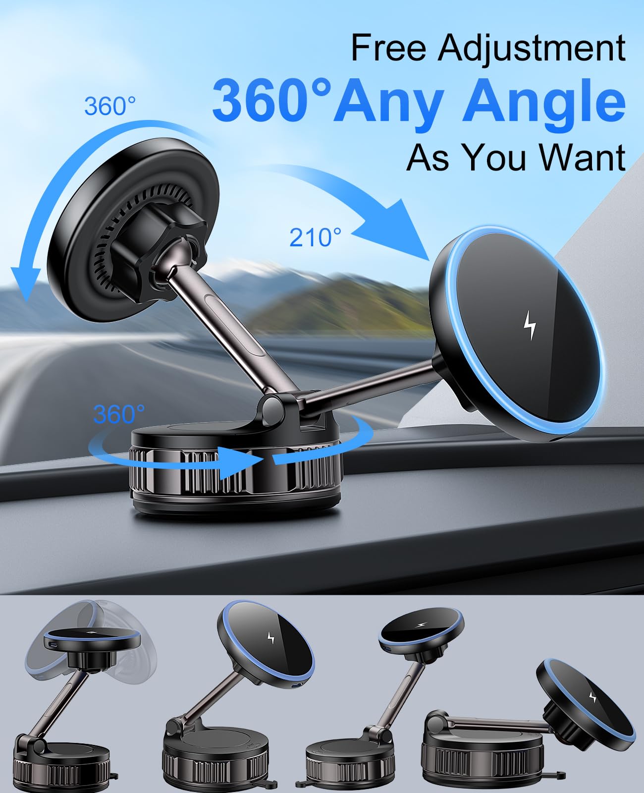 15W for MagSafe Car Mount Charger, Magnetic Wireless Car Charger, Strongest Vacuum Suction & Strongest Magnetic, 360° Adjustable Car Phone Holder Mount for iPhone 17 16 15 14 13 12 Series, Samsung S26