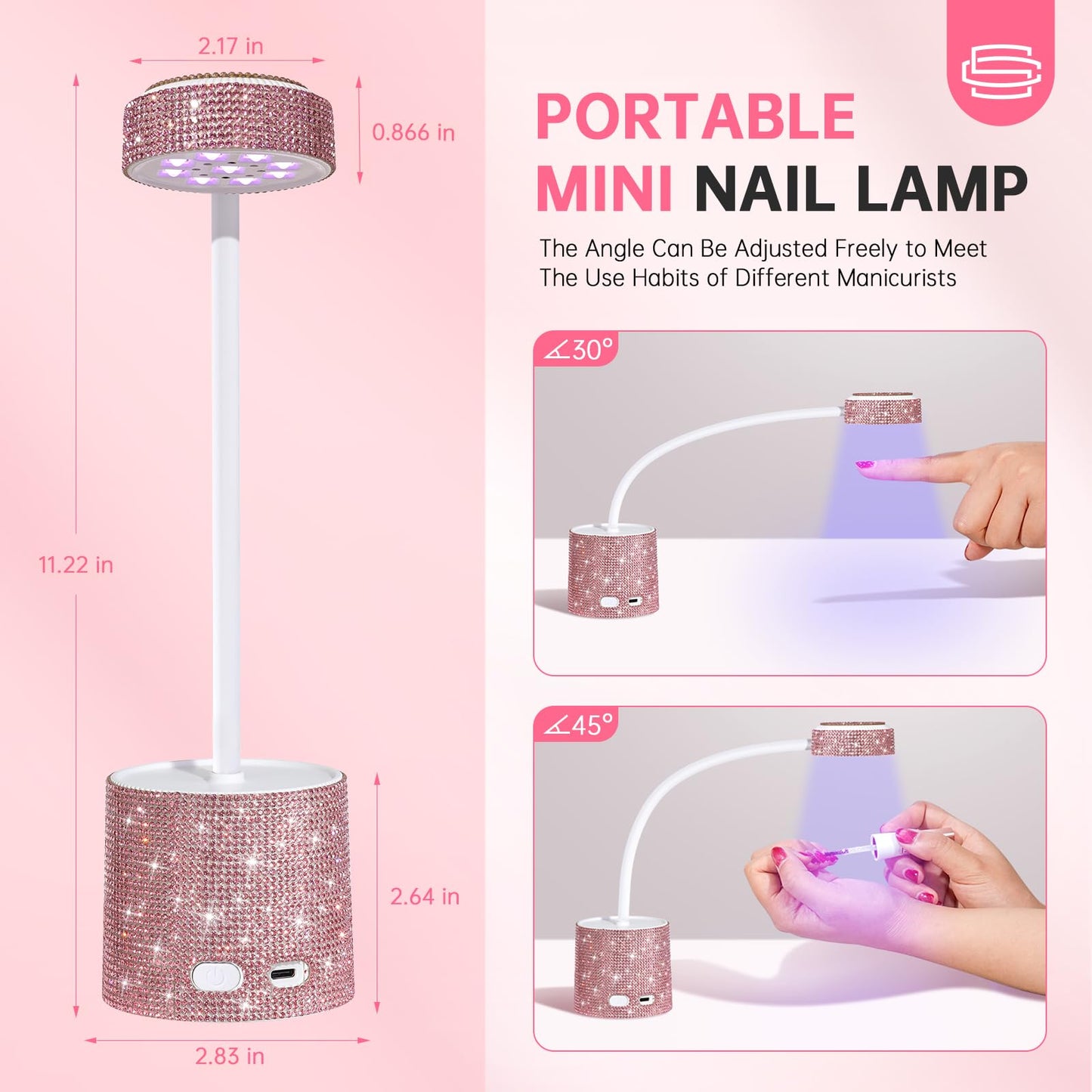 CHRISTINE SHELLY UV LED Nail Lamp, Mini UV Light for Gel Nails Polish, Rechargeable LED Flash Cure Nail Dryer, Quick Drying Goosenecks UV Nail Lamp for Home Nail Salon DIY Manicure, Pink Diamond