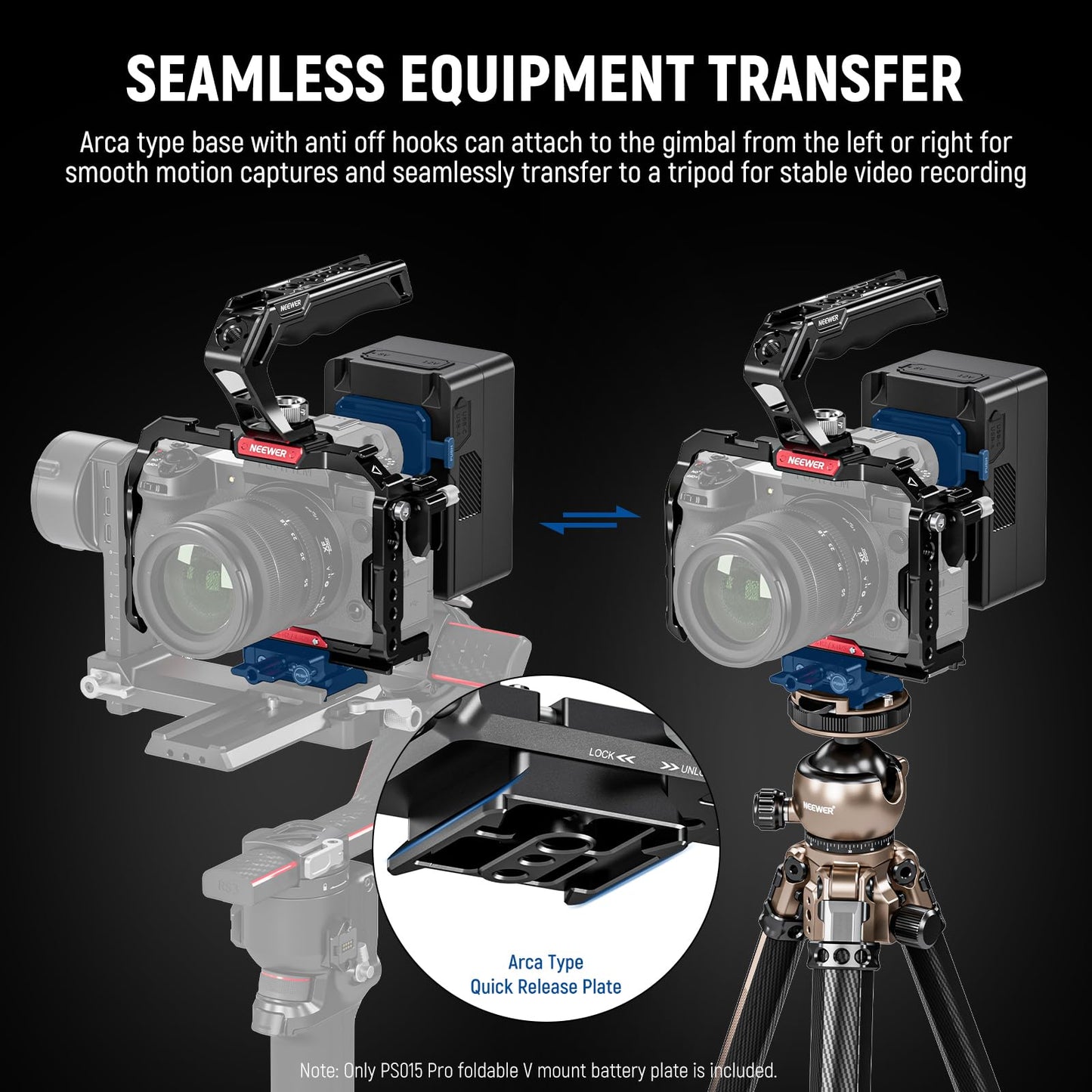 NEEWER Foldable V Mount Battery Plate with Arca Type Quick Release Camera Baseplate, Lightweight DSLR Camera Video Rig Compatible with SmallRig V Mount Battery Cage DJI RS4 RS3 Gimbal, PS015 PRO