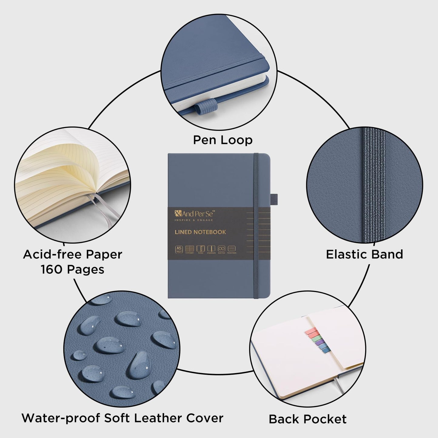 And Per Se Lined Journal Notebook (10 Packs), 160 Pages, A5 5.7 x 8 inches College Ruled Thick Paper Notebook Journals for Writing, Hardcover Notebooks for Women Men Office School (Dark Blue)