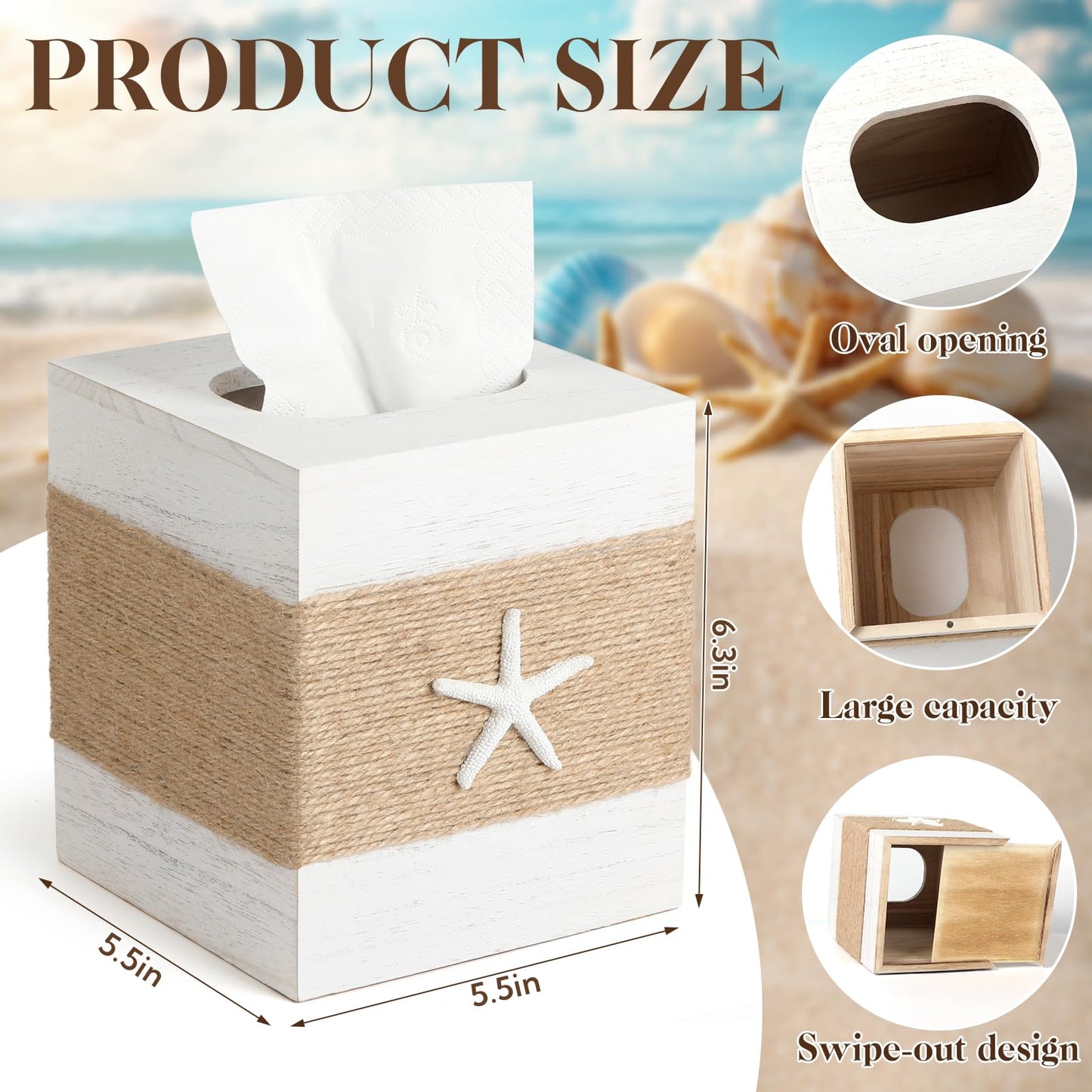 2 Pack Beach Rustic White Wood Square Tissue Box Cover with Slide-Out Bottom Panel - Beach Bathroom Decor Tissue Box Holder with Starfish for Living Room, Desk, Bedroom, Bathroom