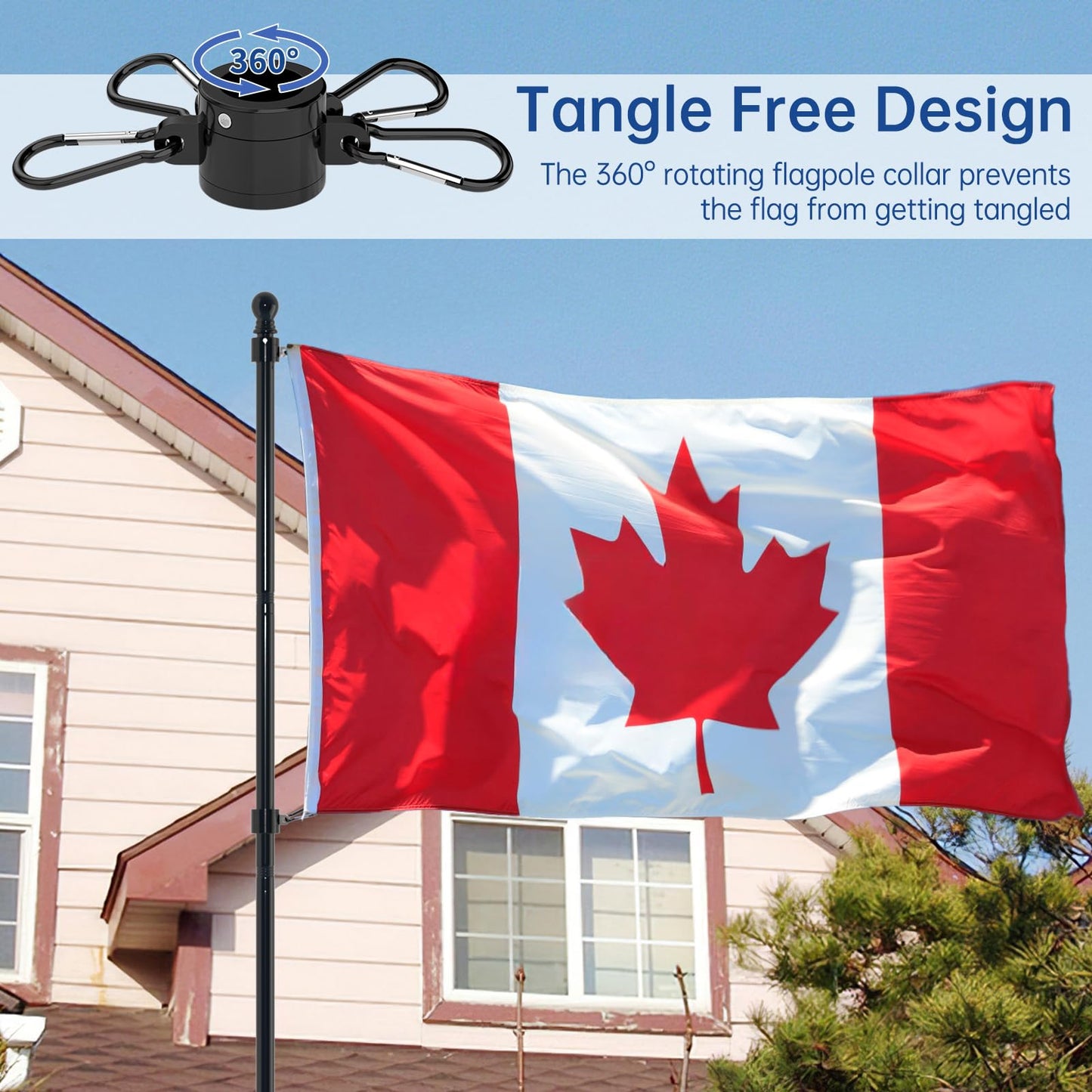 ZMTECH 12FT Flag Pole with 5 Pronges Base in Ground for Yard,Tangle Free Spinning Stainless Steel,Heavy Duty Windproof Ground Flag Poles for 2 Flags | Outside House Residential or Commercial 1 Pack