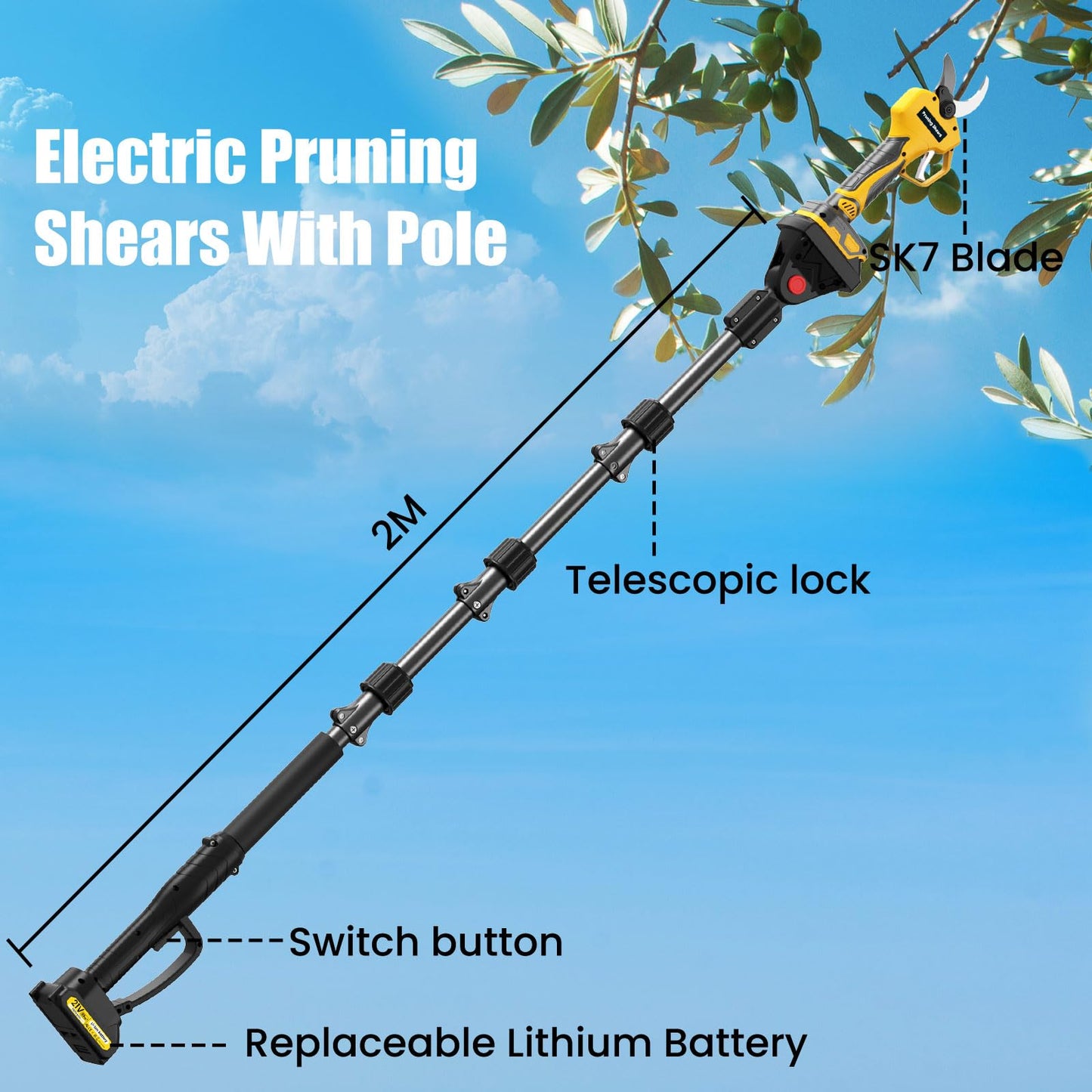 2-in-1 Cordless Electric Pruning Shears with 8FT Pole, Max Cutting Diameter 2 Inch, 21V 2 * 2Ah Battery Pruning Shears with LCD Display, 1000W Brushless Pole Pruner Garden for Tree, Branch Trimming