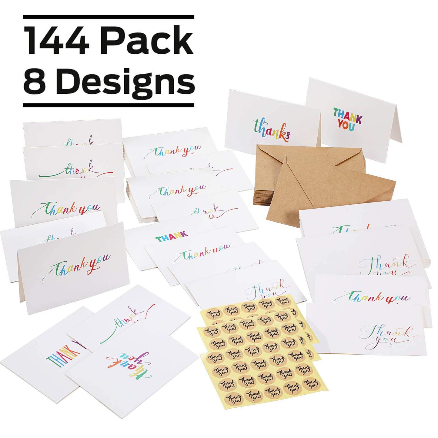 144 Bulk Thank You Cards with Envelopes, Ohuhu Thank You Notes Box Set with 8 Elegant Rainbow-Colored Designs Greeting Cards for Business, Wedding, Baby Shower, Blank Inside, 4x6 Inch