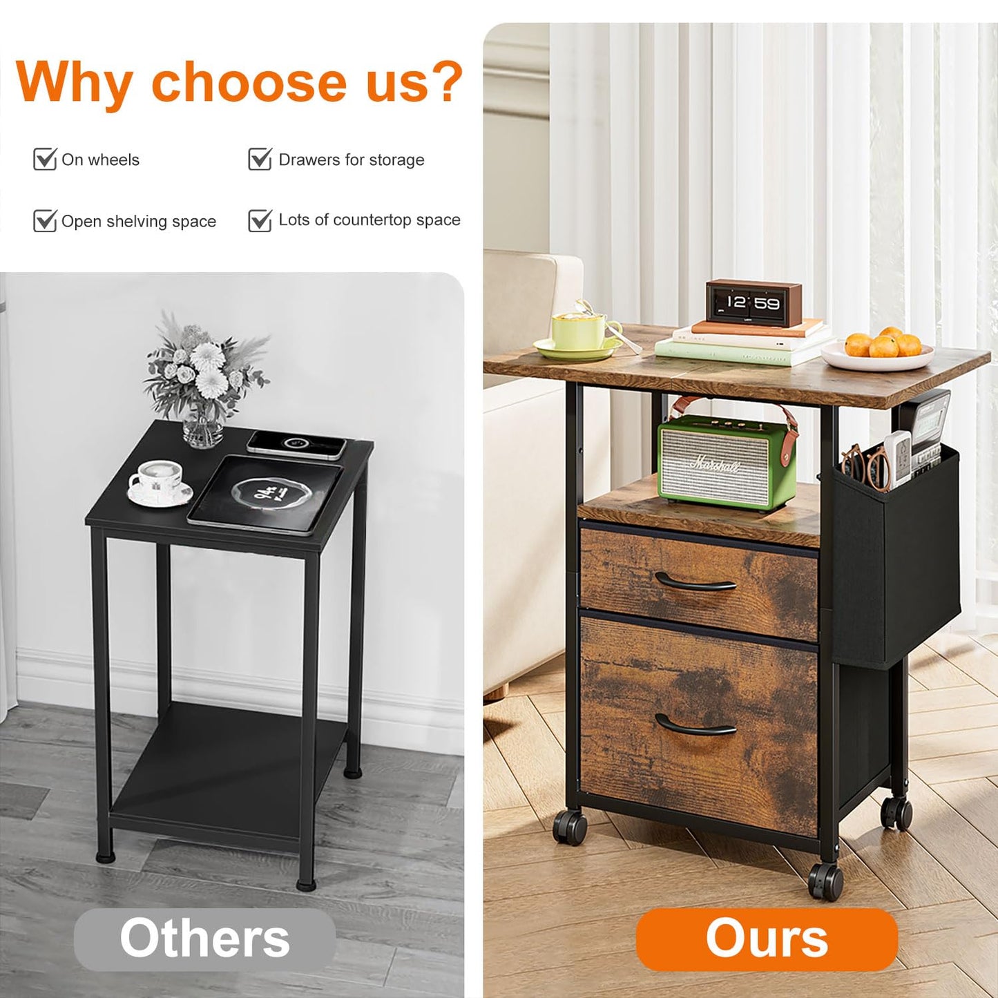 CAVSOIR File Cabinet with 2 Fabric Drawers, Mobile Filing Cabinet Printer Stand for Home Office, 3-Tier End Table Desk Night Stand Bedside Table for Bedroom (Rustic Brown)
