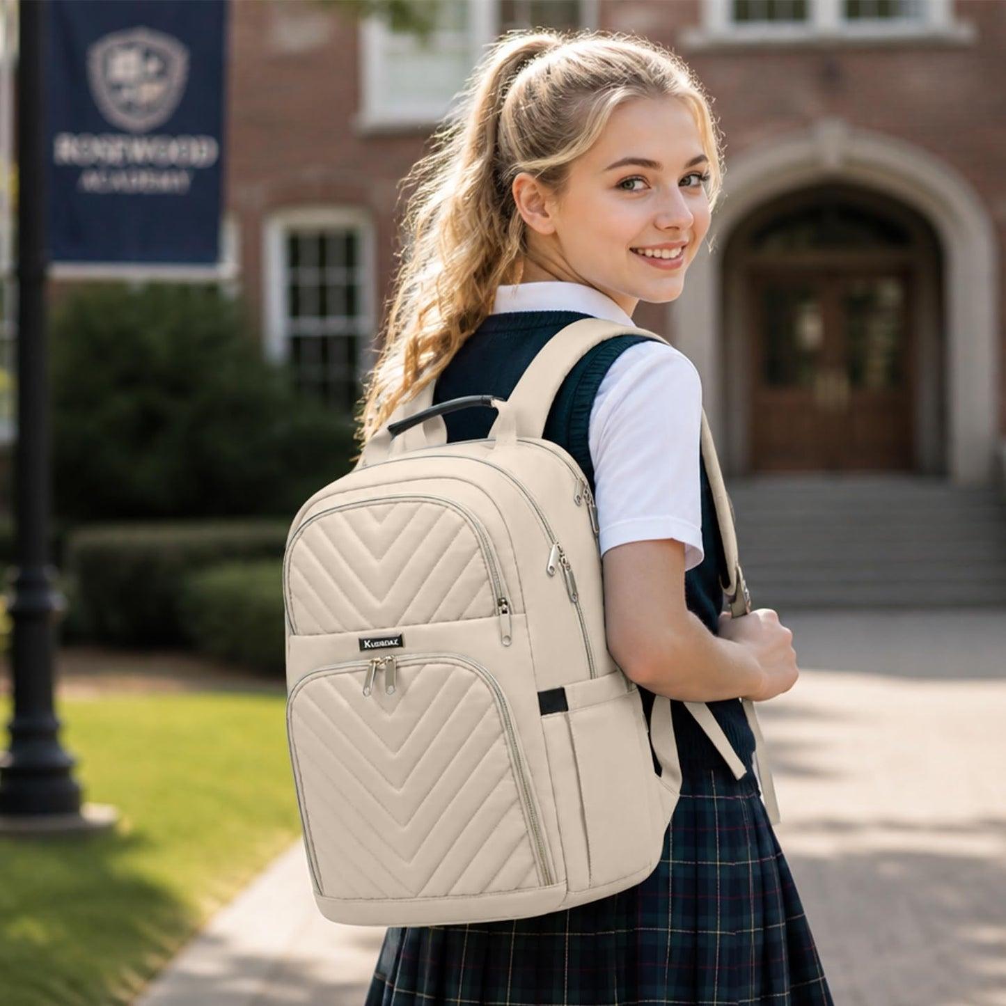 Travel Laptop Backpack for Women, School Backpack for Girls, 15.6 Inch Quilted Work Backpack Purse with USB Charging Port, Large Anti-theft Teacher Student Book Bags, Casual Daypacks, Beige