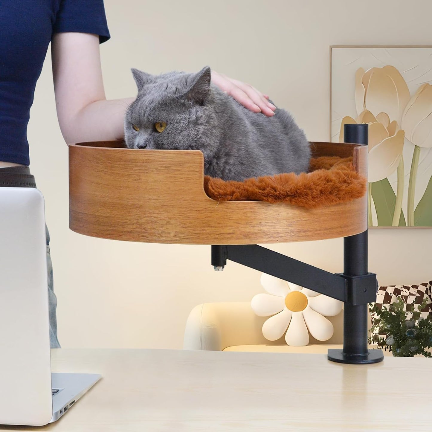Cat Bed Desk with Pet Mat, Cat Hammock for Desk, Cat Bed Desk with Wooden Bowl, 360° Rotation and Adjustable Height