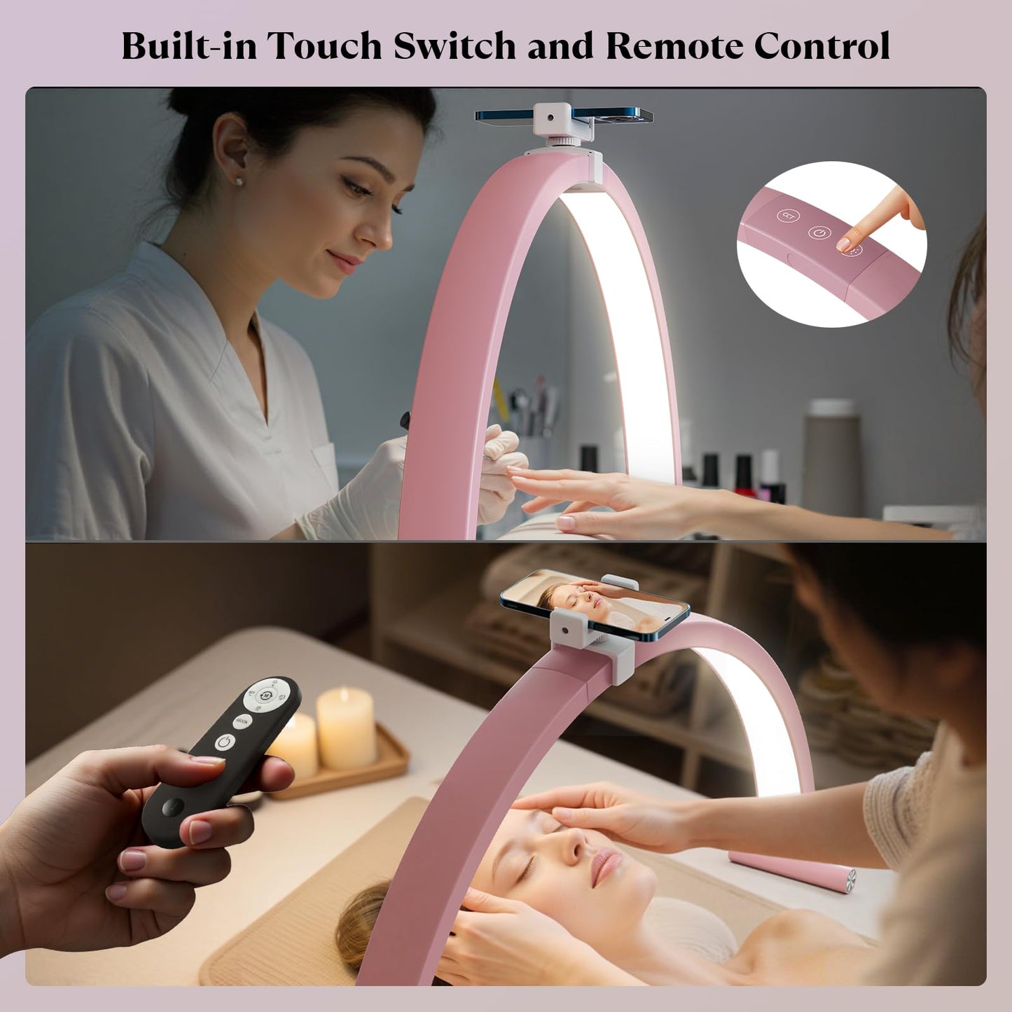 Mznoo Nail Light for Desk, 30in Large Half Moon Light with Phone Holder, 4000 Lumen Bright LED Moon Lamp for Nail Techs, Manicure and Handicraft, Adjustable Color Modes and Brightness (Pink)