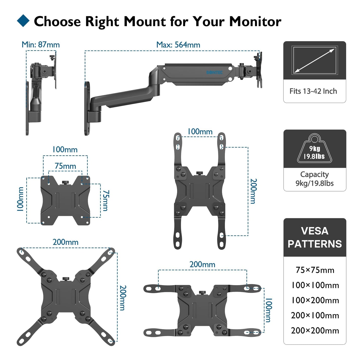 BONTEC Monitor Wall Mount for 13-42 Inch Screens Up to 19.8lbs, Single VESA Mount with Gas Spring Adjustable Tilt Swivel Rotation Arm, Full Motion Wall Bracket with Cable Management Fits 75/100/200