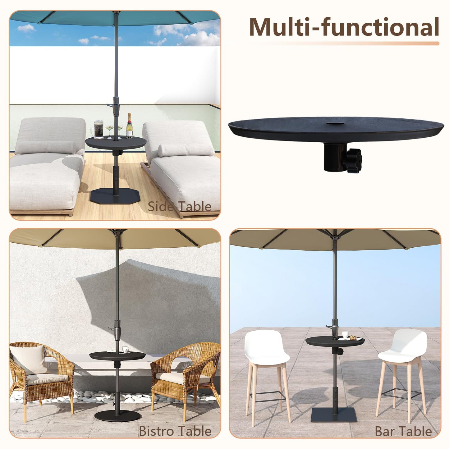 C-Hopetree 20" Patio Outdoor Umbrella Table Tray with 1.5" Hole, Small Round Top for Backyard, Pool, Beach, Deck, Garden, Black
