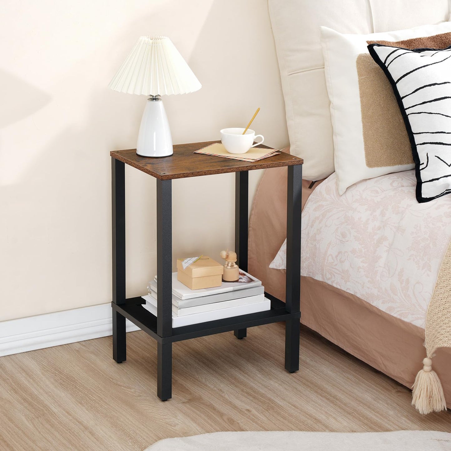 HOOBRO End Tables Set of 2, Side Table with 2-Tier Storage Shelves, Tall Nightstand with Faux Rattan Decoration, Sofa Table for Small Space, Living Room, Bedroom, Rustic Brown and Black BF91BZP201