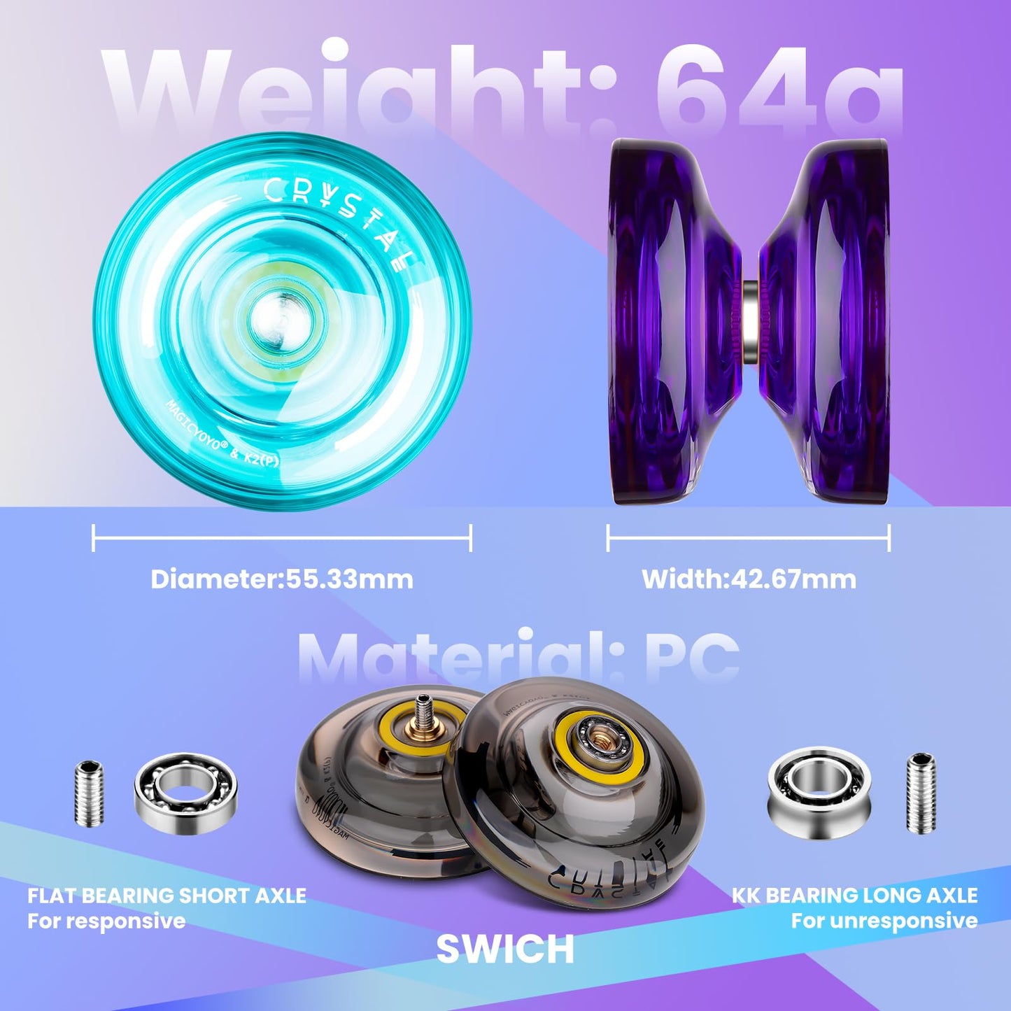 3 Pack of Yoyo K2 Crystal, Responsive Yoyos for Kids Beginner, Dual Function Yoyos with Replacement Unresponsive Yoyo Bearings for Advanced Player+Bearing Removal+18 Yoyo Strings+3 Bags