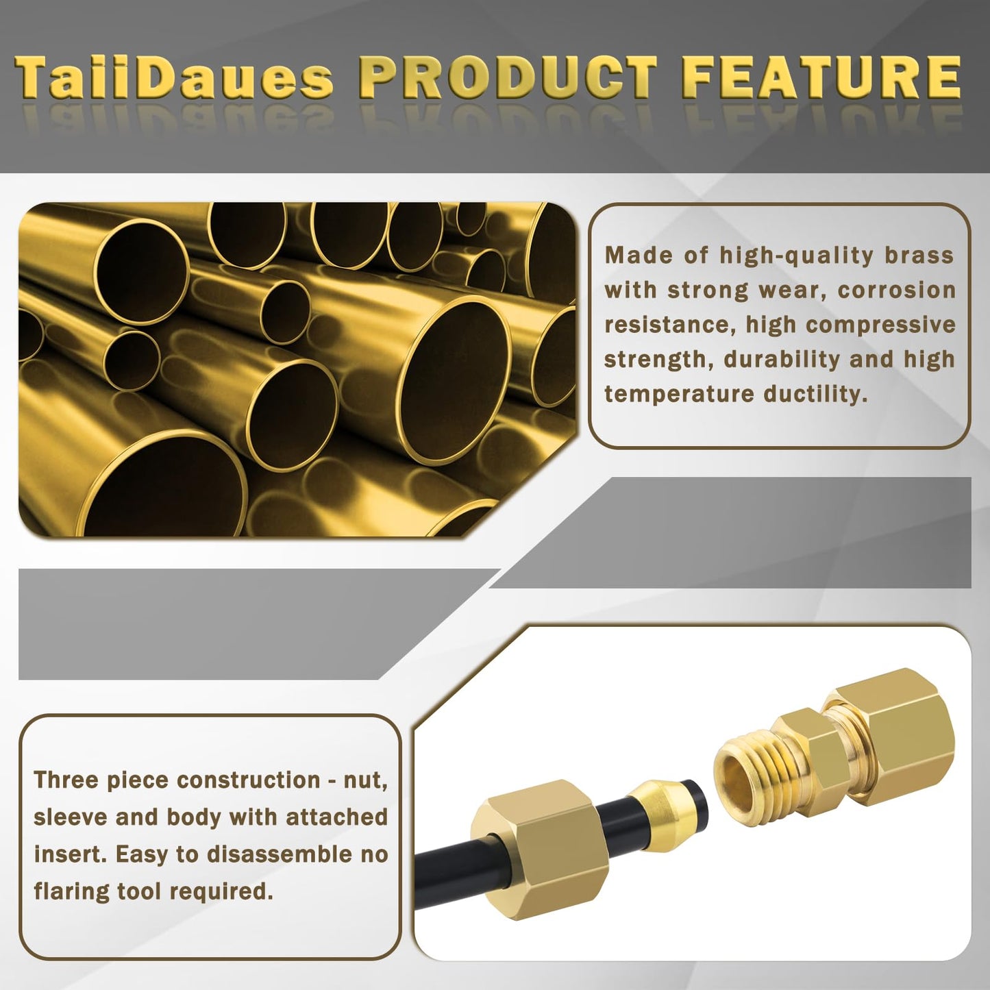 46pcs Brass Compression Tube Pipe Fittings Assortment Kit, Taiidaues 1/8" 3/16" 1/4" 5/16" 3/8" 1/2" OD Compression Union Connector & Compression Sleeves Ferrules