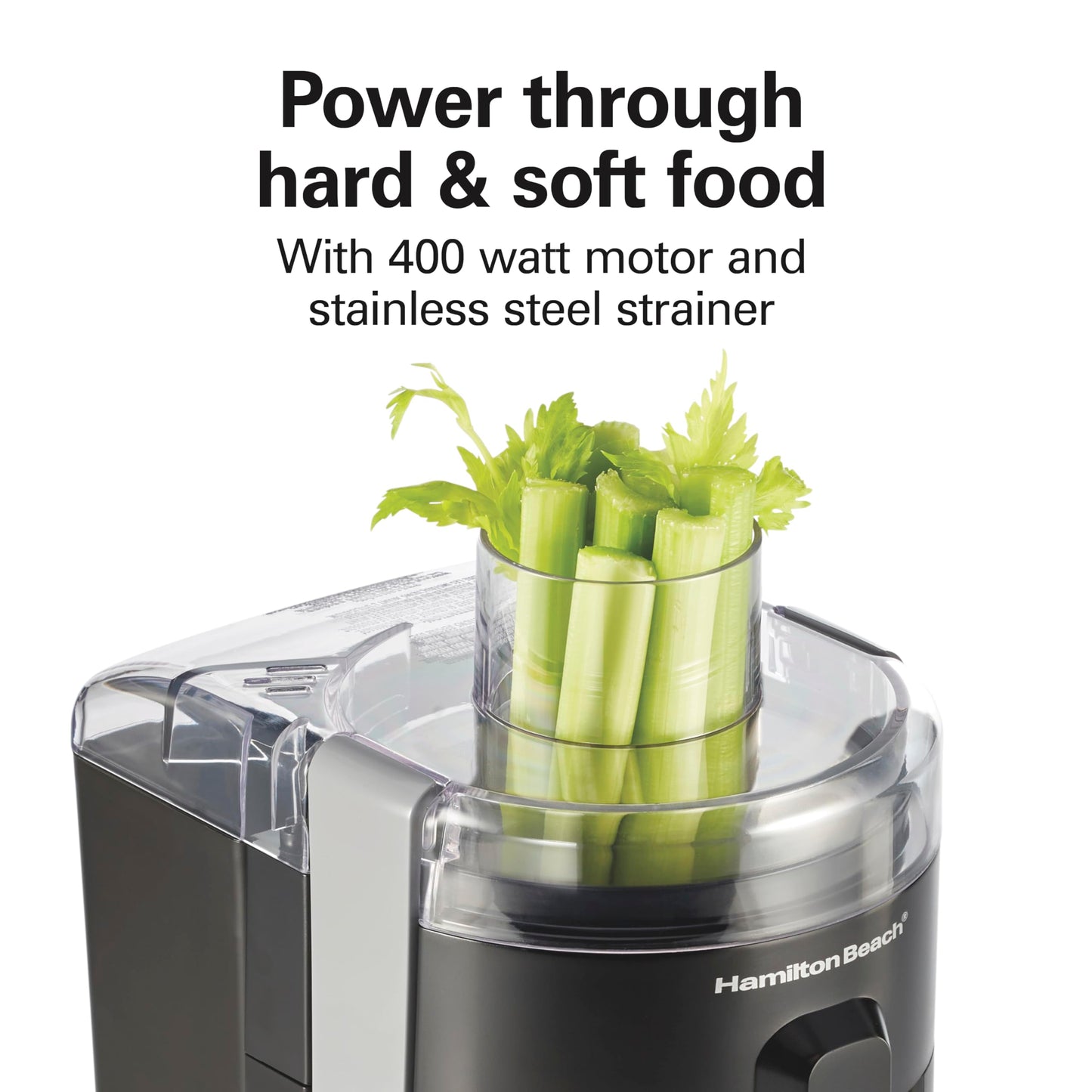 Hamilton Beach HealthSmart Juice Extractor, 2.4” Feed Chute for Fruits and Veggies, Easy Clean dishwasher safe parts, BPA Free, 400W Centrifugal power, Black& Gray (67502)