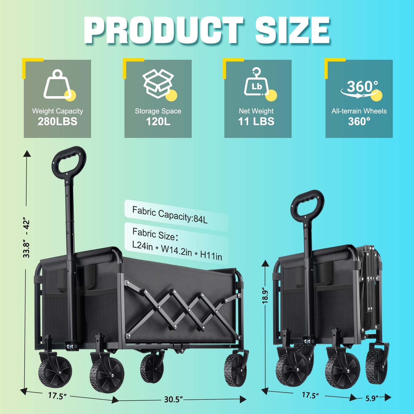 Collapsible Wagon Cart with Wheels Foldable - Lightweight 280LBS Heavy Duty Folding Utility Portable Beach Wagon with All-Terrain Wheels for Groceries Shopping Garden Sports Camping