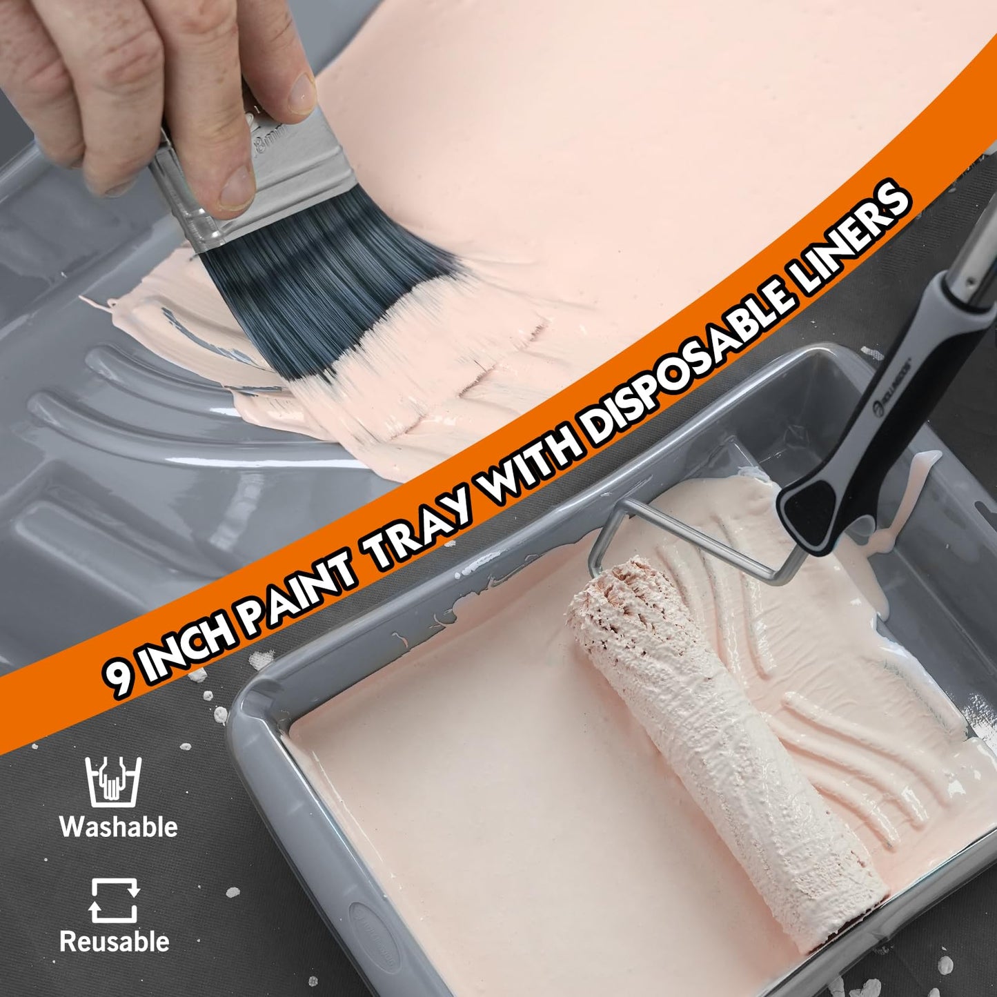 ROLLINGDOG 11 PC Paint Roller Kit-9 Inch Paint Rollers with Frame, Extension Pole, Paint Tray with Liners, Brushes, Paint Roller Cleaner and Masking Tape for Wall Ceiling House Painting