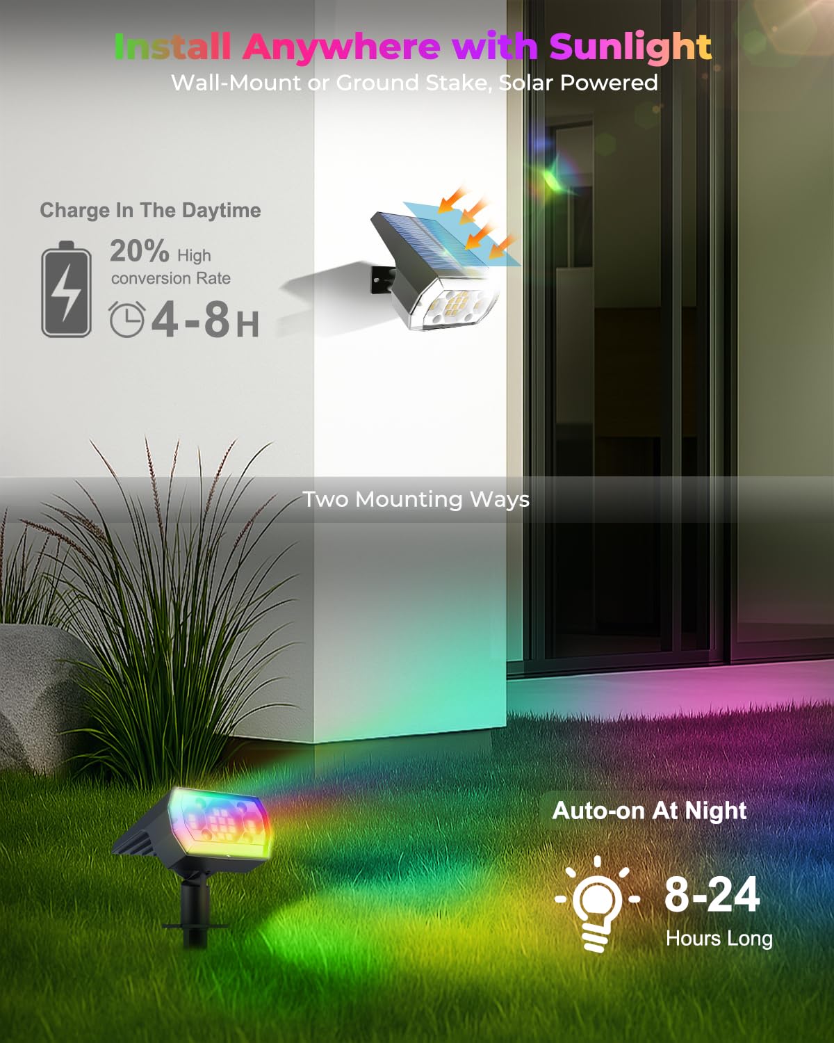 6 Packs Solar Christmas Garden Lights Outdoor, 18 LED RGB Solar Lights Outdoor, IP67 Waterproof, Adjustable Brightness Dusk to Dawn Solar Spotlights for Yard, Lawn, Walkway, Driveway