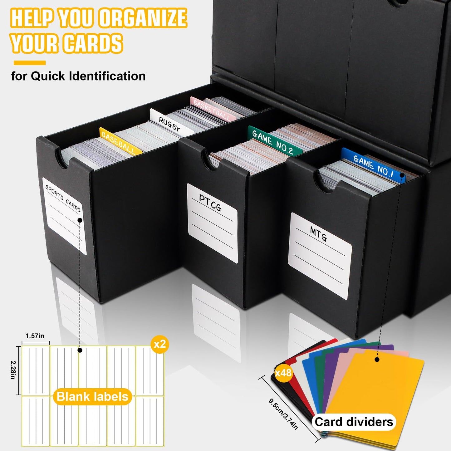 QLOUNI Trading Card Storage Box, Includes 12-600 CT Boxes & 48 Card Dividers, 12000+ Trading Card Organizer for Collectible Games, for TCG, YuGiOh, MTG, PTCG (9-600 CT Boxes)
