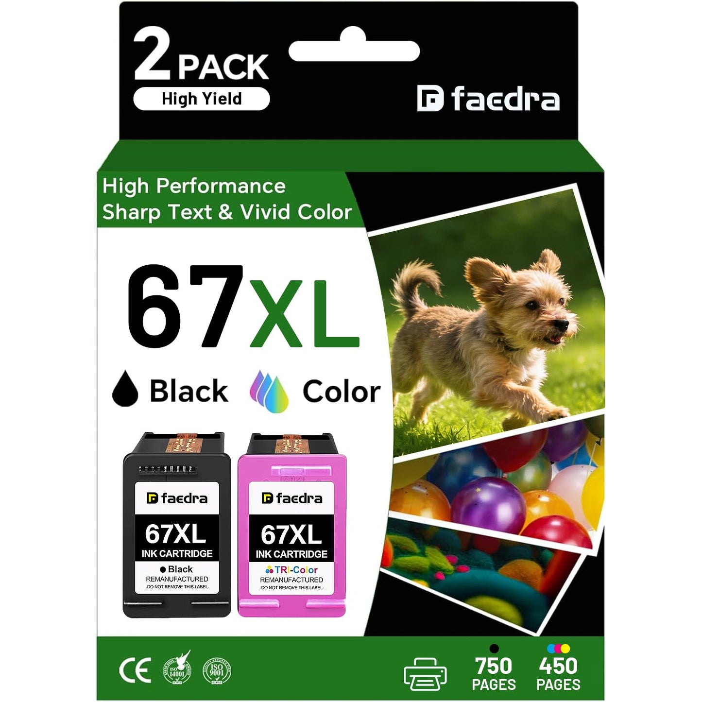 Faedra 67XL Ink Cartridges Remanufactured for HP 67 Ink Cartridges Combo Pack for HP Deskjet 2700 2755e 2855e 4255e 2734e 2842e 4255e 2827e 2723e 4155e 2742e Envy 6455e 6055e 6000 Ink (1Black 1Color)