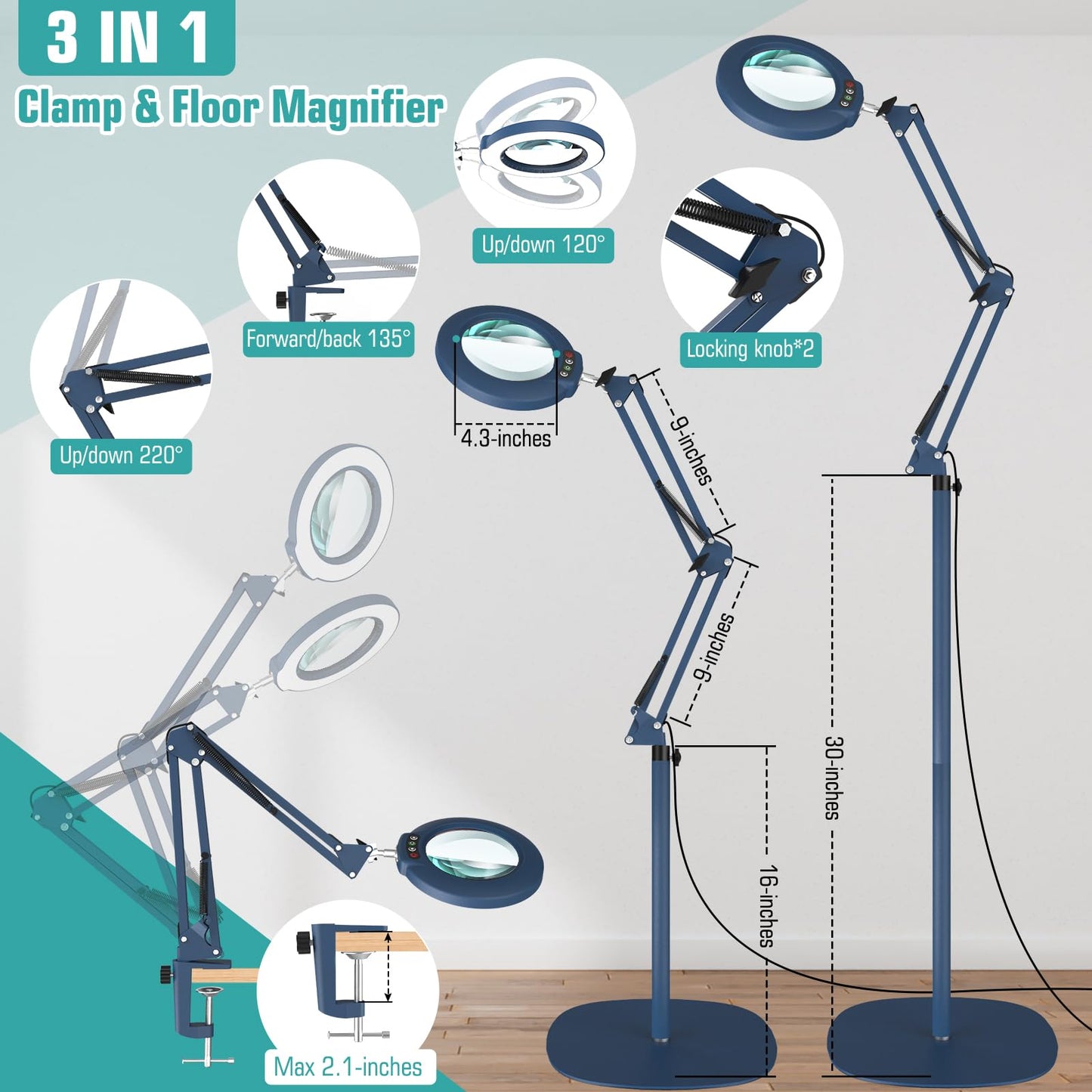 10X Magnifying Glass with Light and Stand, 3-in-1 Adjustable Swivel Arm LED Magnifying Floor Lamp, 5 Color Modes Brightness Stepless Dimming Lighted Magnifier Hands Free with Clamp for Crafts - Blue