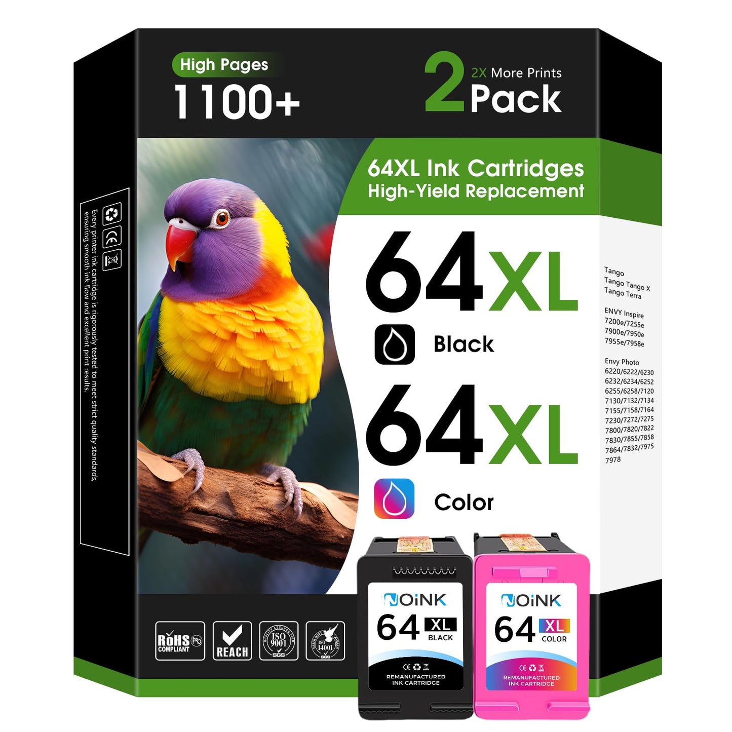 NOINK 64XL Ink Cartridges High Yield Replacement for HP 64, Combo Pack Works with HP Envy Photo 7858 7855 7155 6255 6252 7120 Inspire 7255e 7955e 7958e Tango, 2 Pack, 1 Black 1 Color