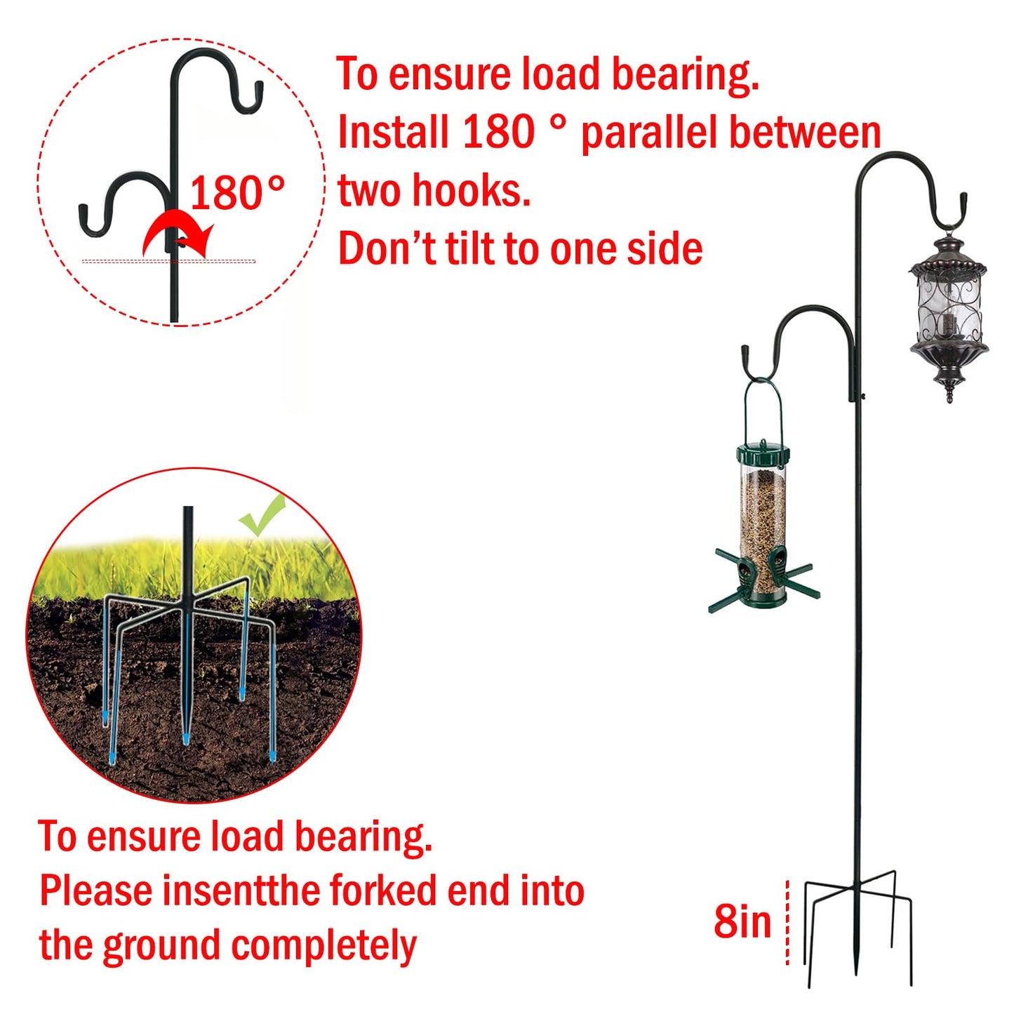 78 Inch Double Shepherds Hooks for Outdoor Bird Feeder,Hanging Plants,Solar Light,Metal Bird Feeder Pole Stand Adjustable 78/62/46/30 Inch,3/4 Inch Width Garden Shepards Hook