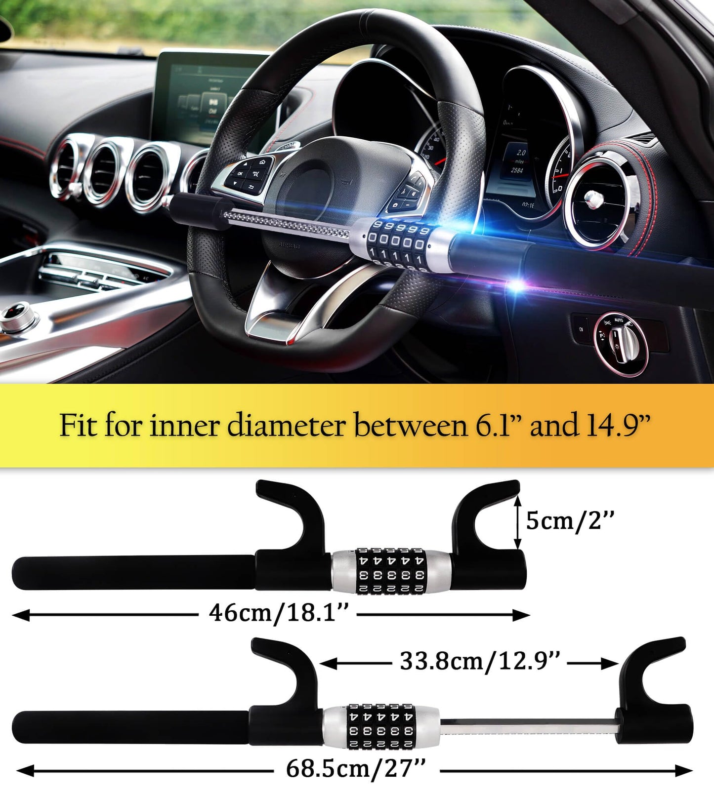 Tevlaphee Steering Wheel Lock, Car Lock Anti Theft Keyless Extendable Retractable Password 5 Coded Combination Lock, Heavy Duty Universal Fit (Black)