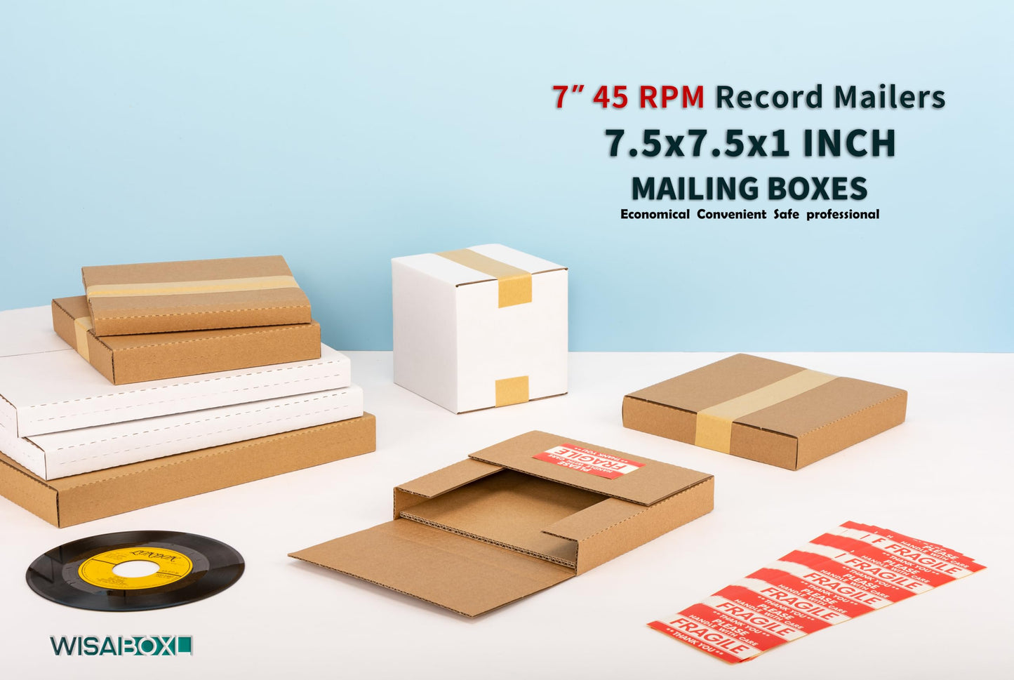 Wisaiboxl 7 inch 45 RPM Vinyl Record Shipping Boxes 7.5"L x 7.5"W x 1"H Easy Fold, Multi Depth Corrugated Cardboard Box with Fragile Stickers for Shipping, Packing, Moving, Storage, Brown, 50 Pack