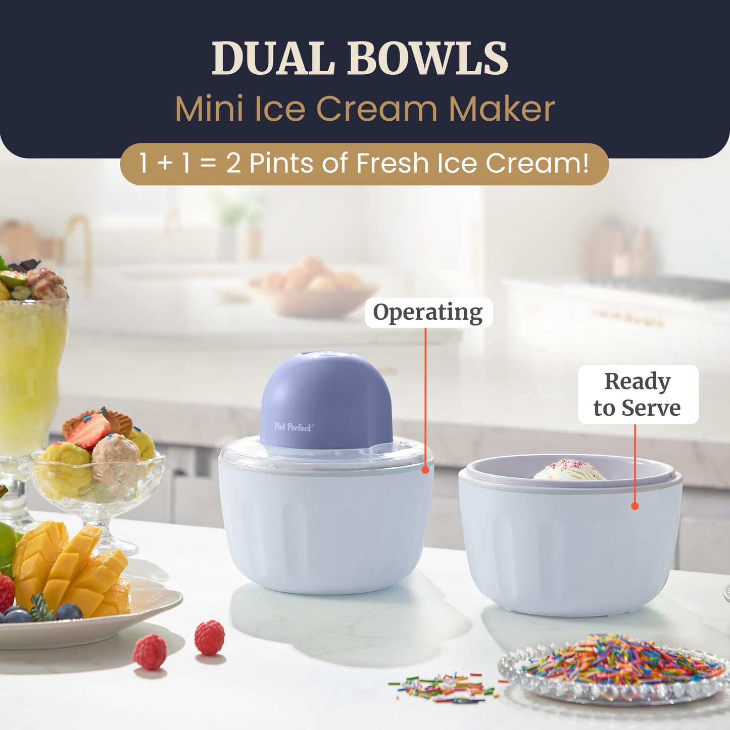 Americana by Elite Pint Perfect™ EIM1205DB Ice Cream Maker, 2 x 1 Pint Capacity Dual Freezing Bowls, Frozen Yogurt, Sorbet, Gelato, Periwinkle
