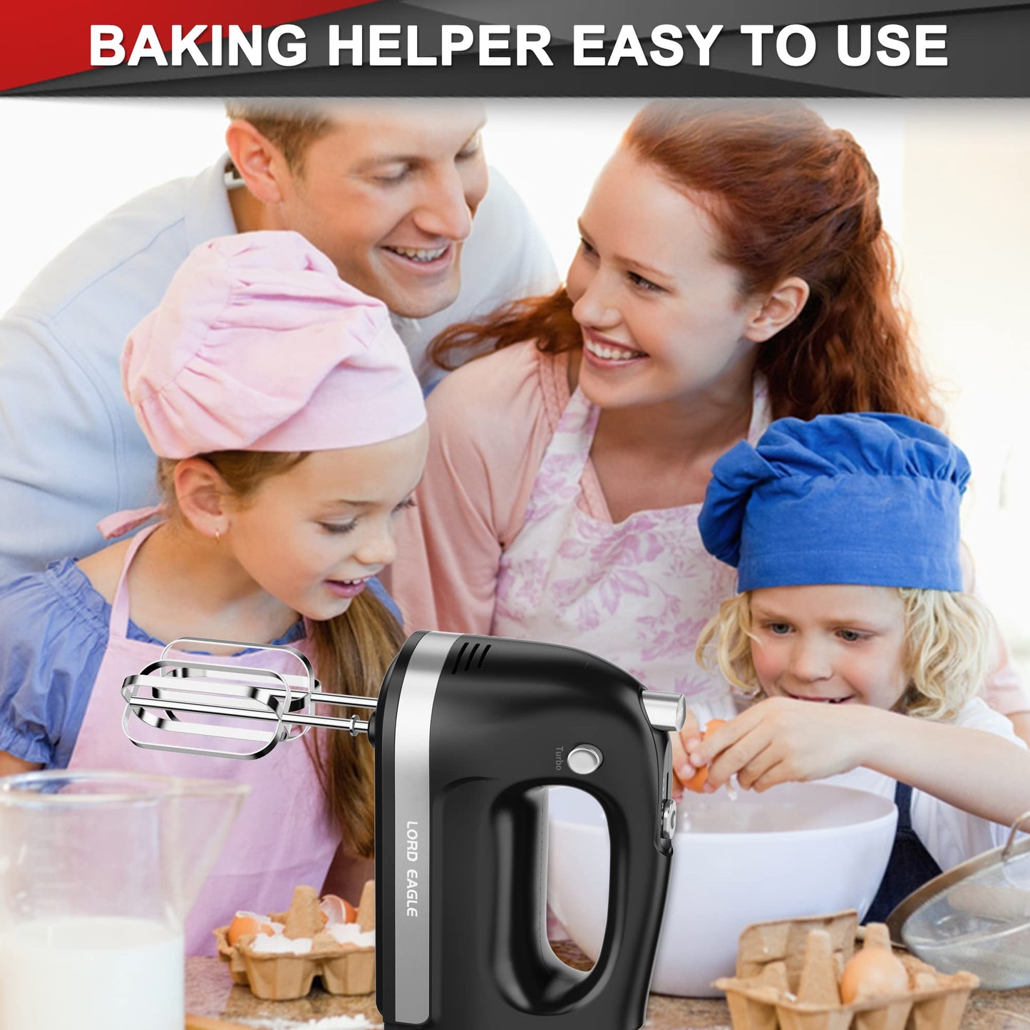 Lord Eagle Hand Mixer Electric Handheld 400W, 5-Speed Lightweight Kitchen Mixer with Storage Case, 5 Stainless Steel Attachments for Baking Cake Egg Cream Food Beater, Turbo+Eject Button, Black