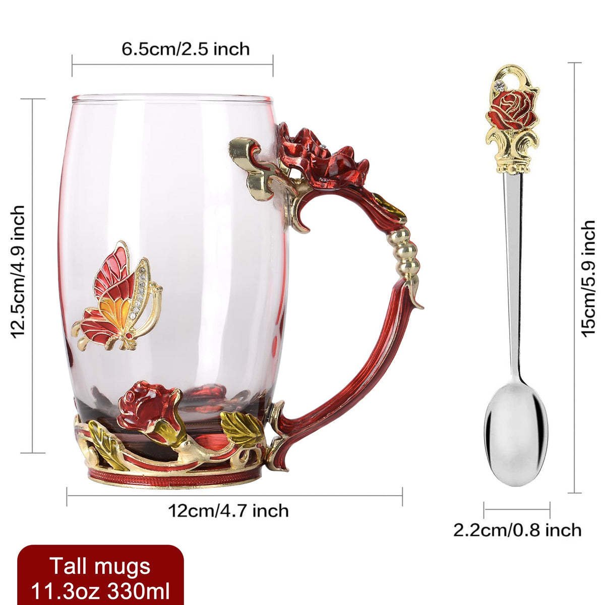 WOBOX Glass Coffee Cup Tea Mug & Gifts with Spoon Set Handmade Enamel Butterfly Rose Flower for Mothers Day Gift, Women(2 Set Red)
