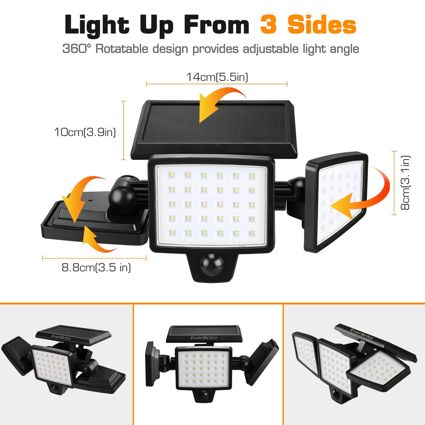 EverBrite Solar Sensor Lights Outdoor, 72 LED 1000LM Solar Motion Sensor Security Lights with 270° Wide Lighting Angle, IP65 Waterproof Bright Flood Lights for Garden Yard Garage Patio Pathway, 2 Pack