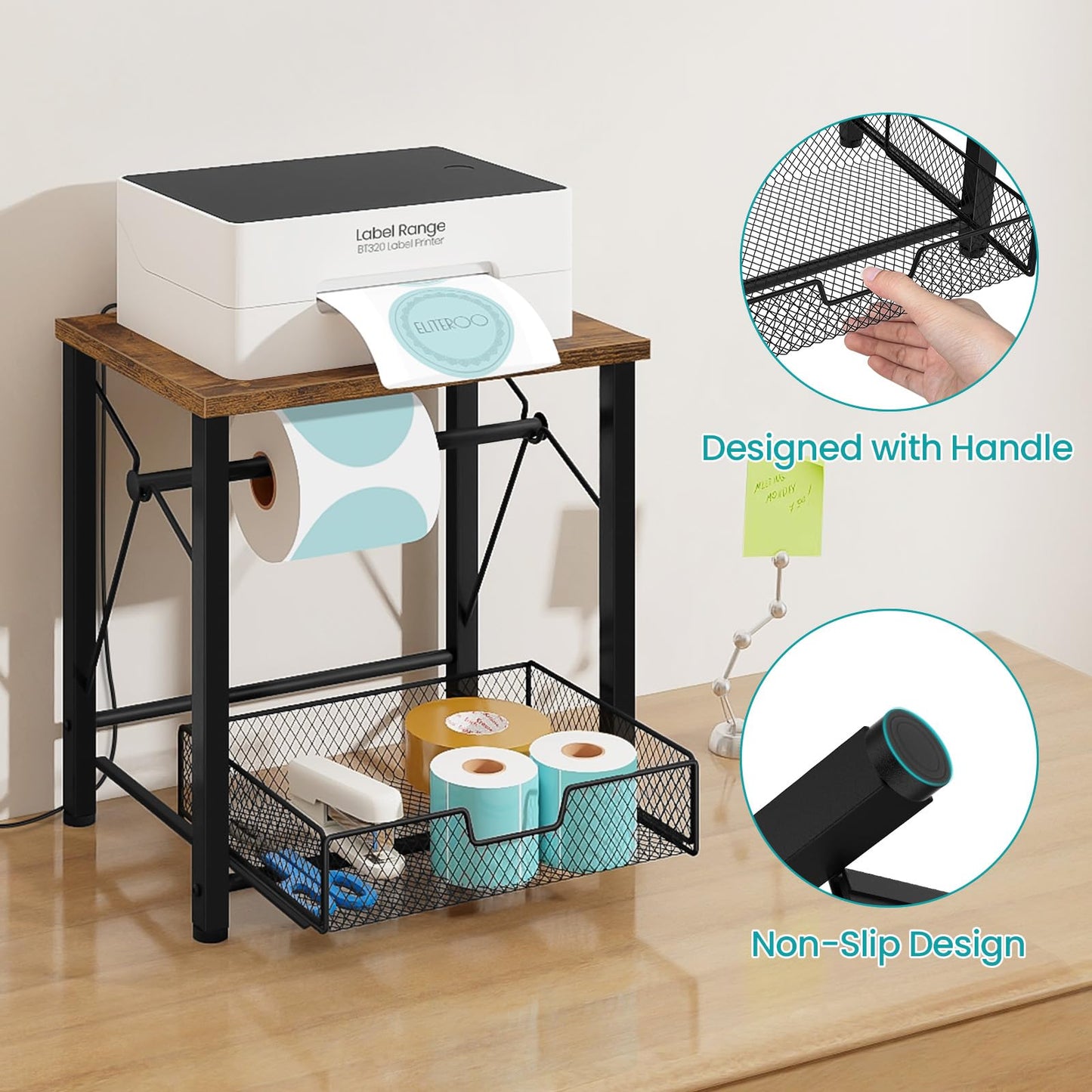 ELITEROO Label Holder for Rolls and Fan-Fold Labels, Wooden Thermal Label Holder for Desktop Label Printer, Shipping Label Stand for Thermal Printer Accessory, for Home Office Small Businesses, Brown